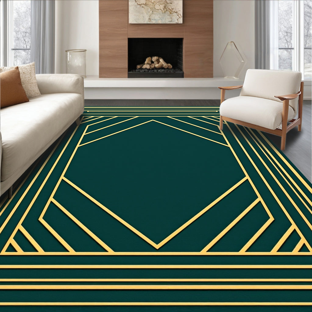 Emerald Teal Geometric Deco Frame Rug