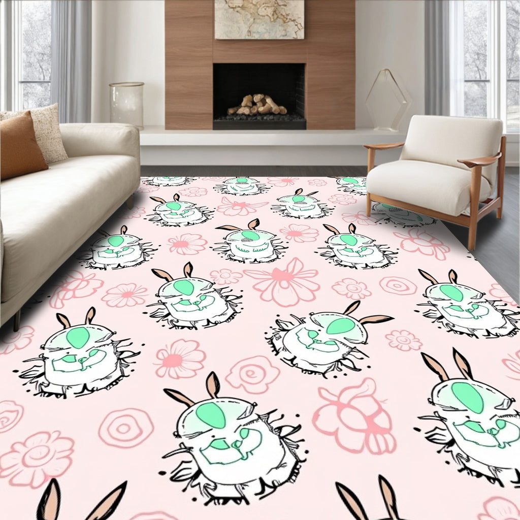 Pink Floral And Bunny Insect Motif Rug