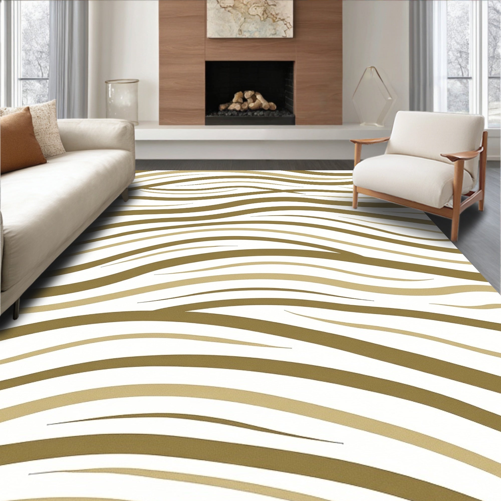 Golden White Wavy Stripe Rug
