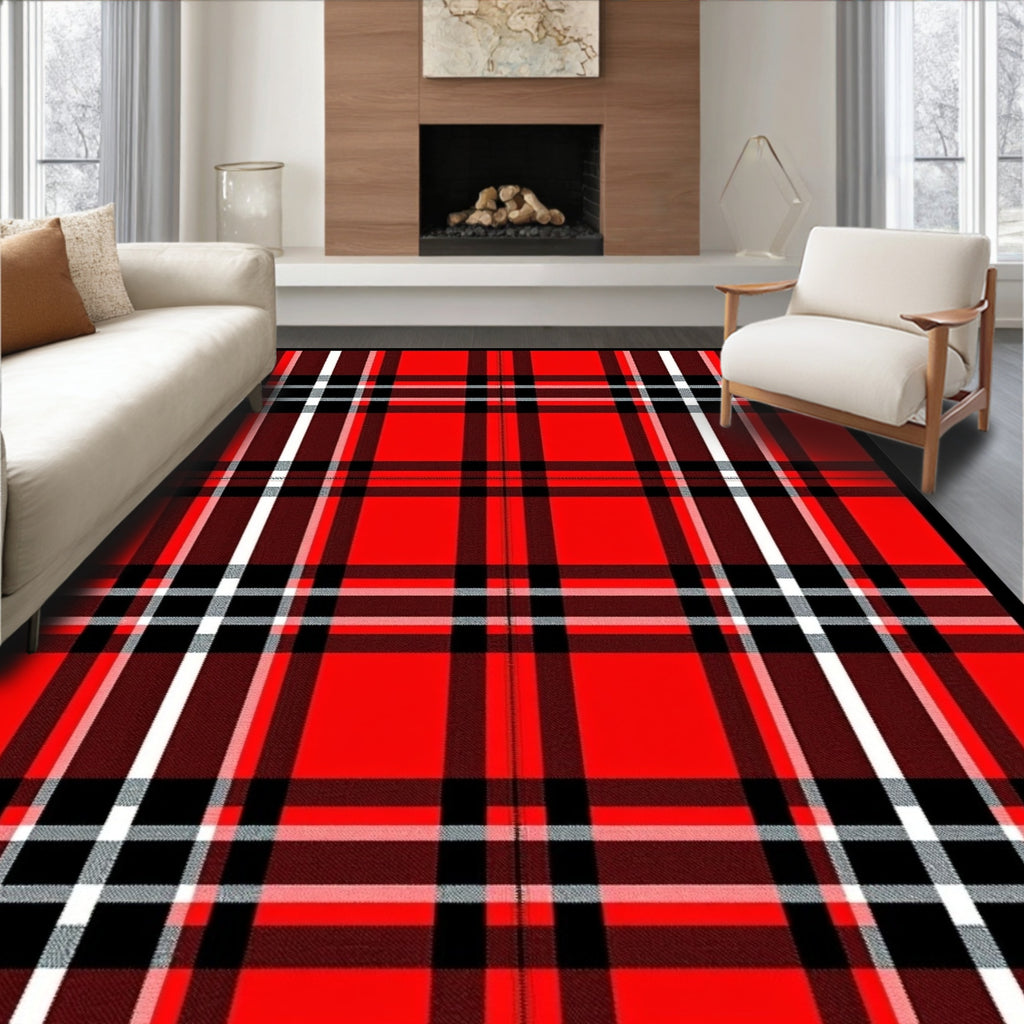 Bold Red Black White Plaid Check Rug