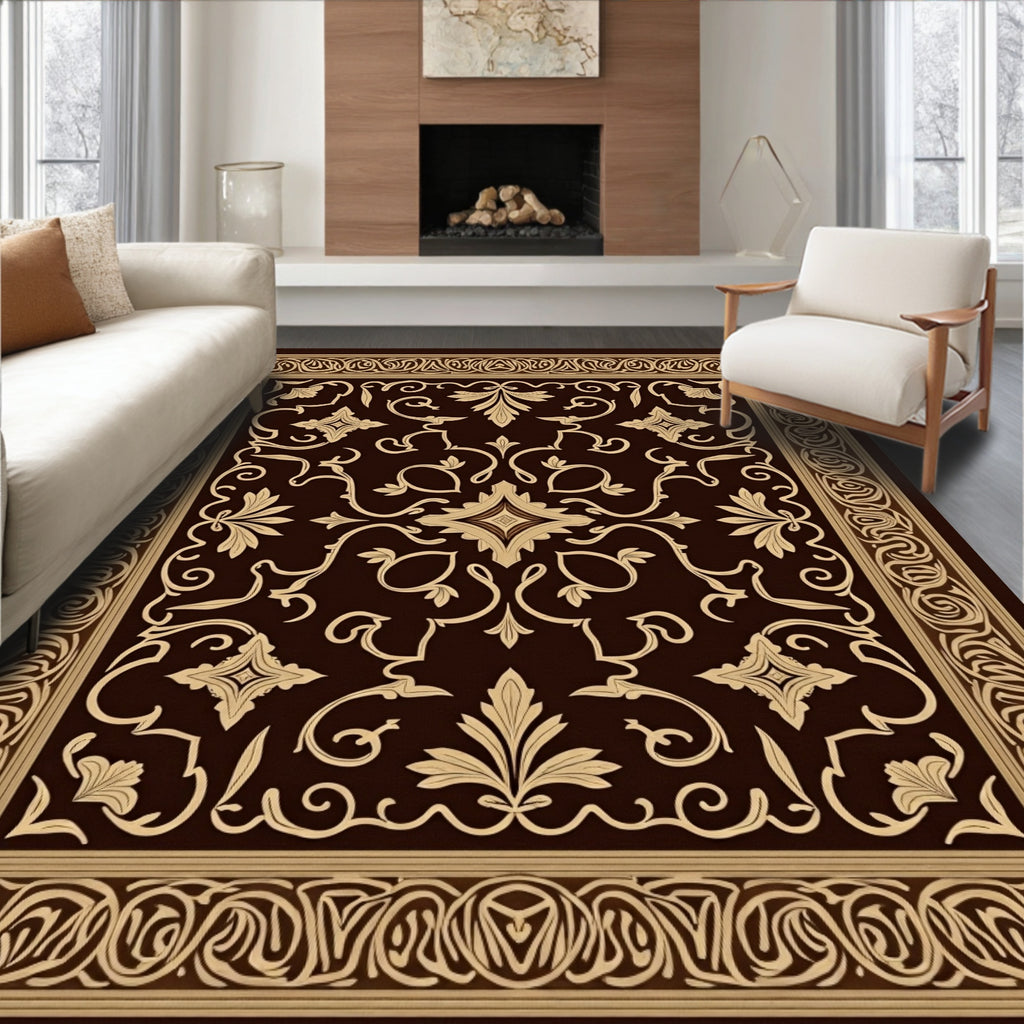 Ornate Cream Floral Scroll Border Rug