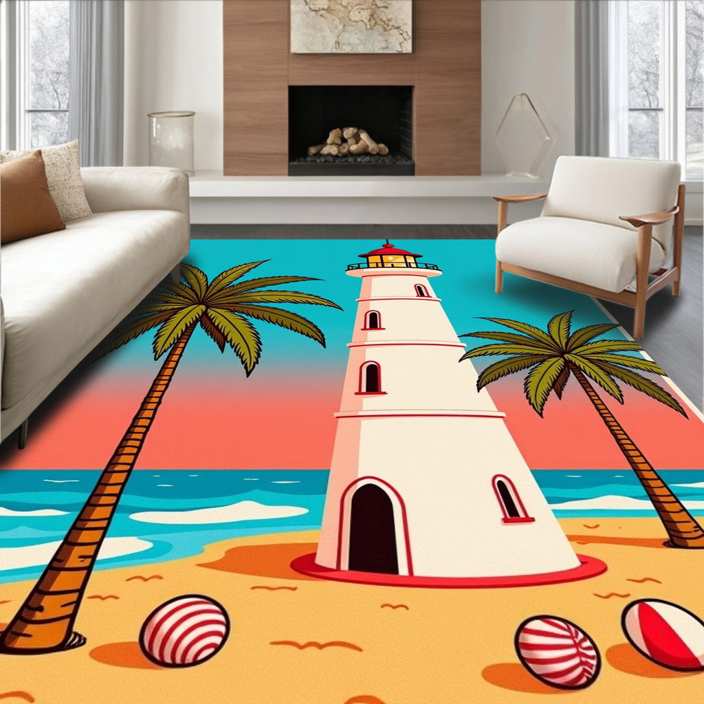 Coastal Lighthouse Palm Tree Beach Balls Rug