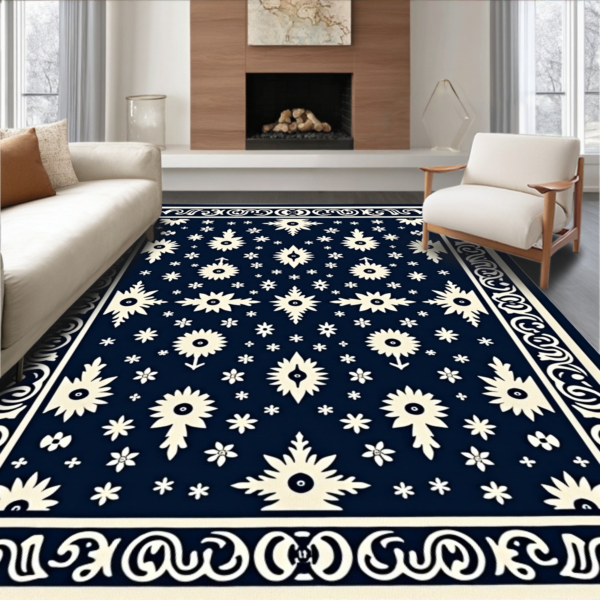 Navy White Folk Floral Medallion Rug