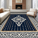 Navy Ivory Floral Medallion Border Rug