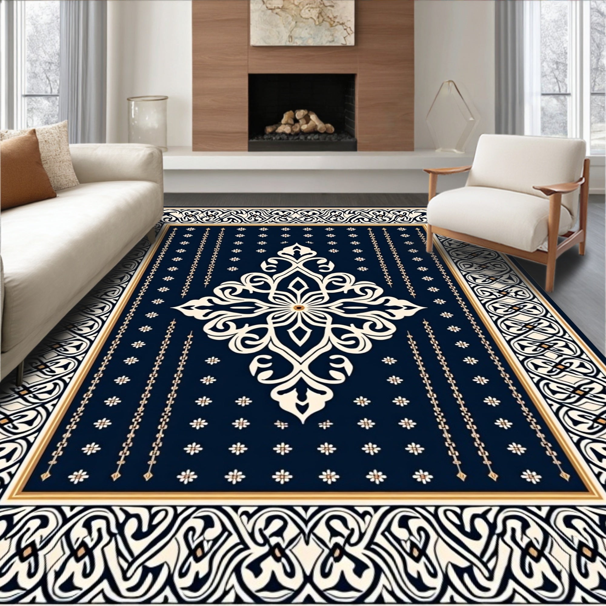 Navy Ivory Floral Medallion Border Rug