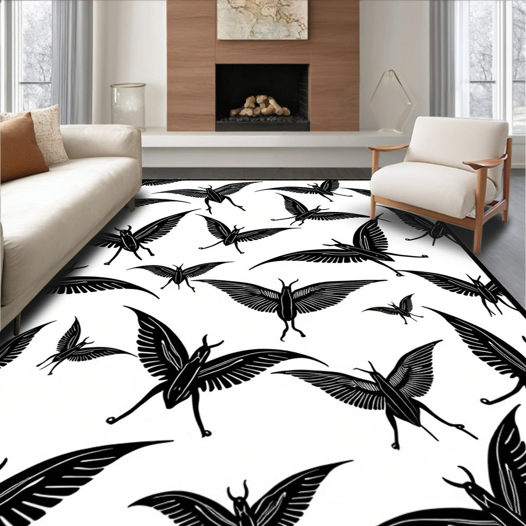 Vibrant Black White Winged Creatures Rug