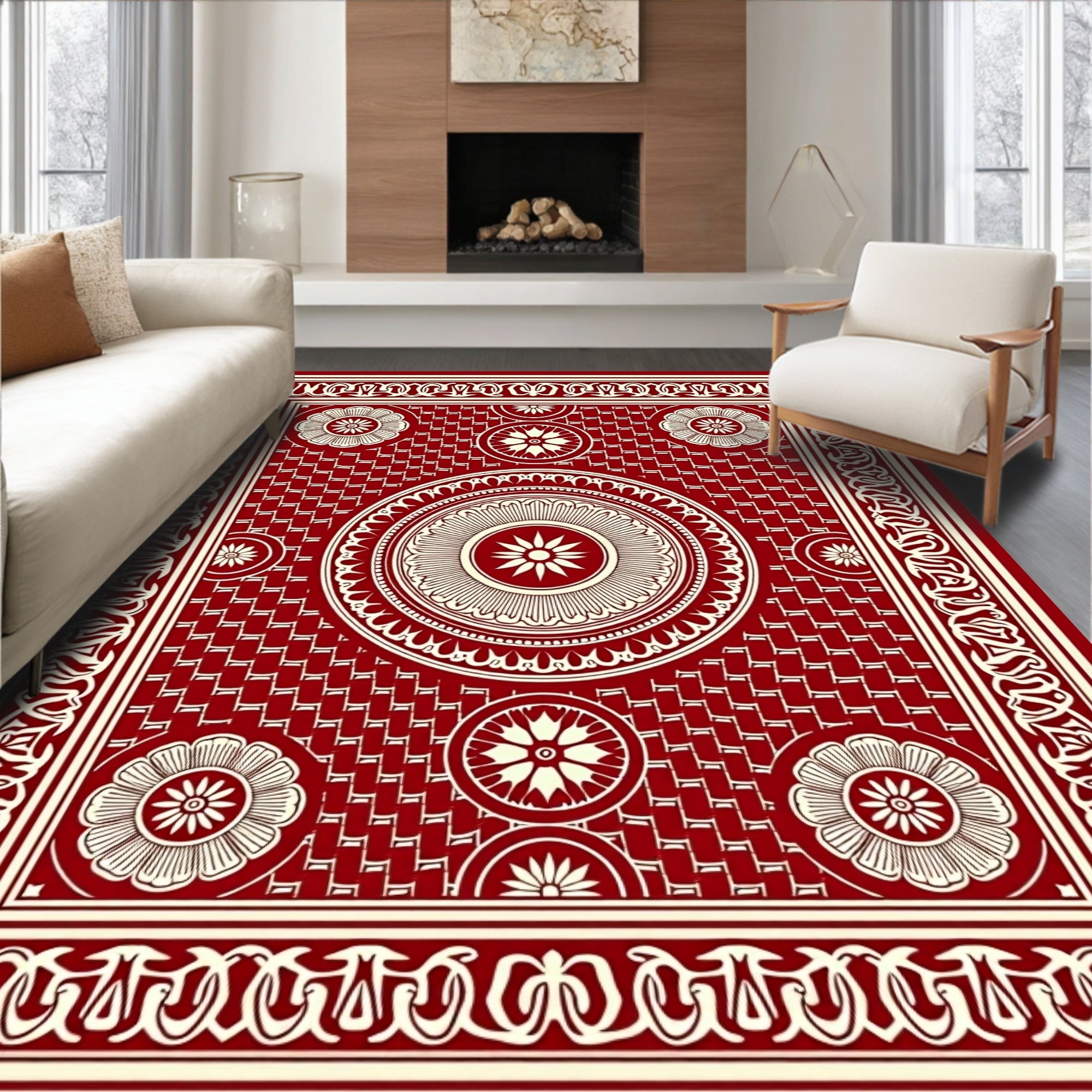 Crimson Mandala Floral Textured Rug