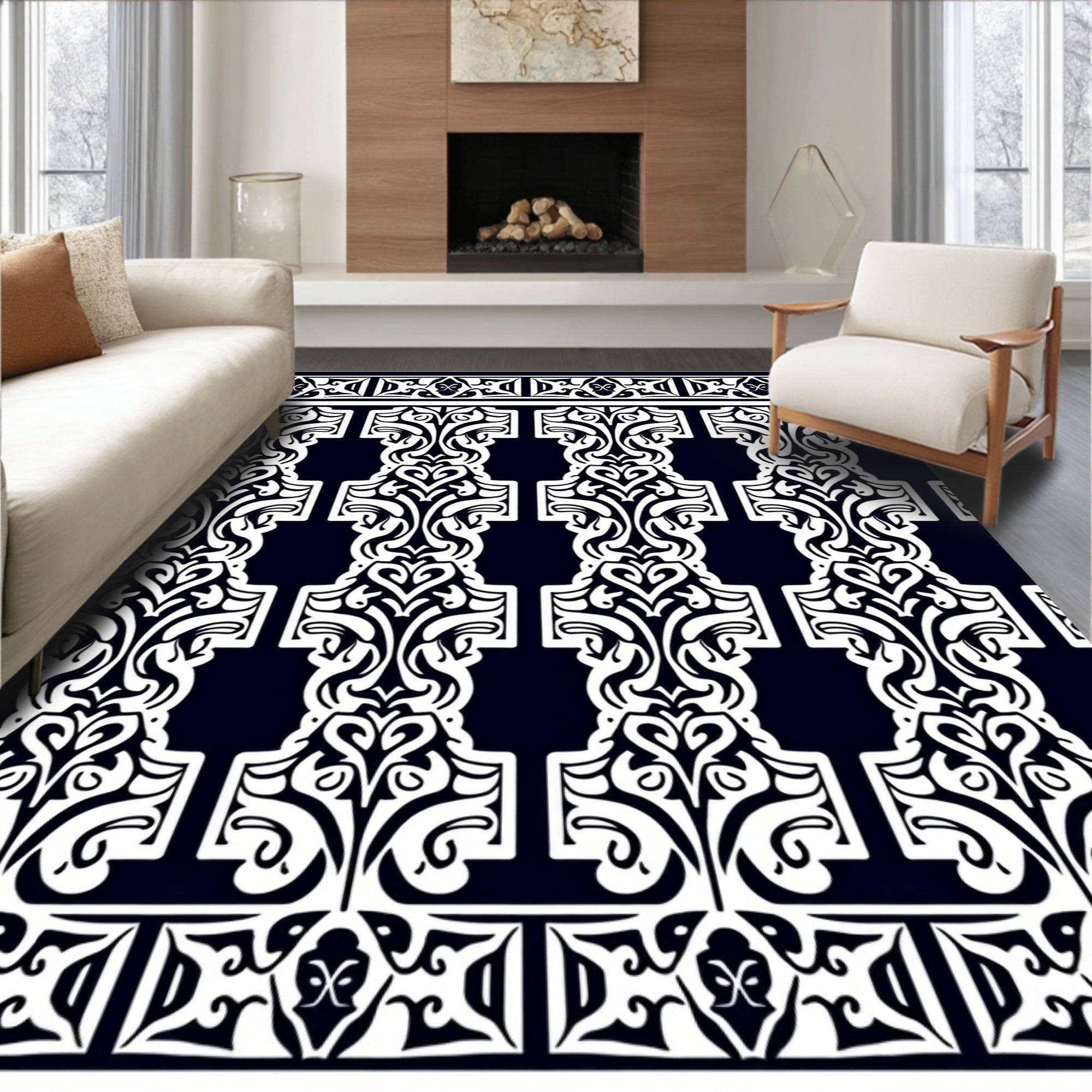 Dark Navy White Classic Scrollwork Panel Rug