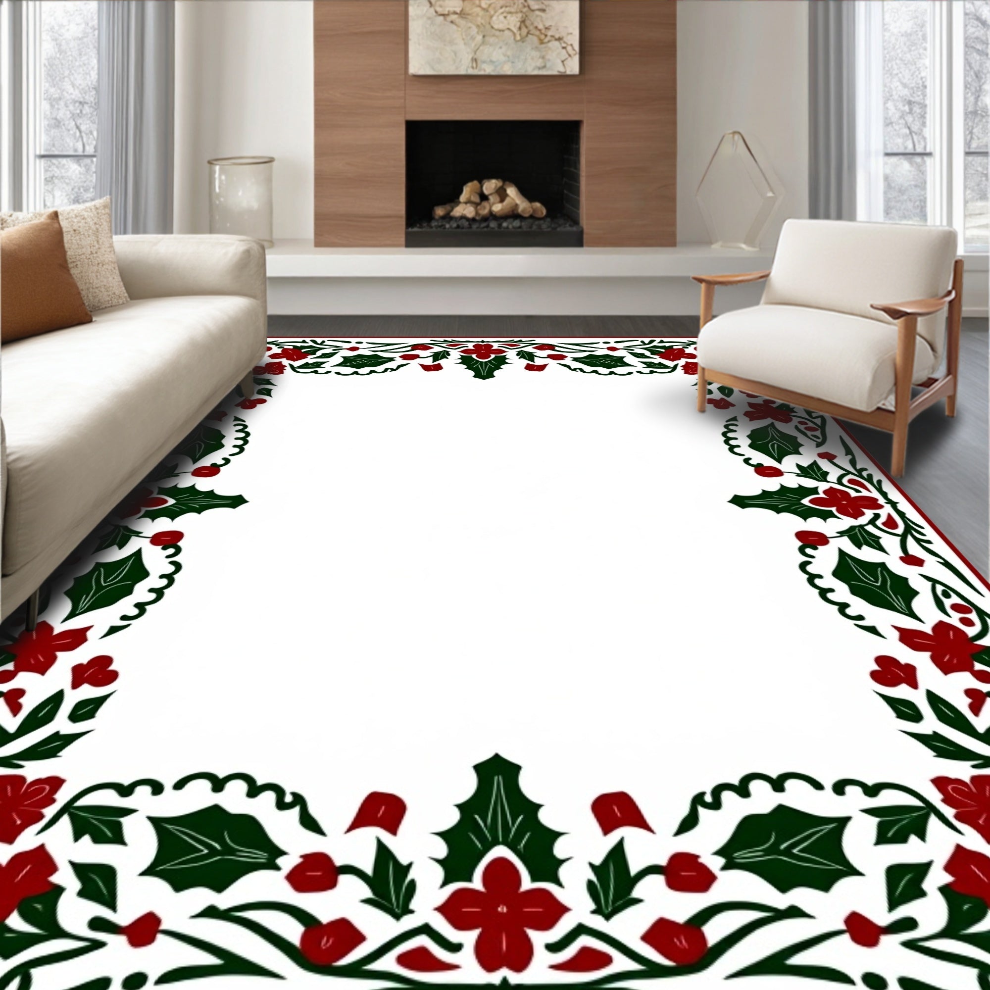 Festive Red Green Holly Border Rug