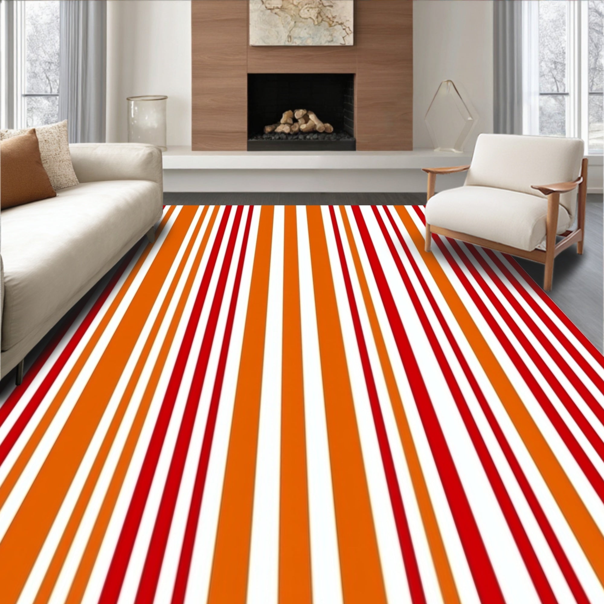 Bold Red Orange Vertical Stripe Runner Rug
