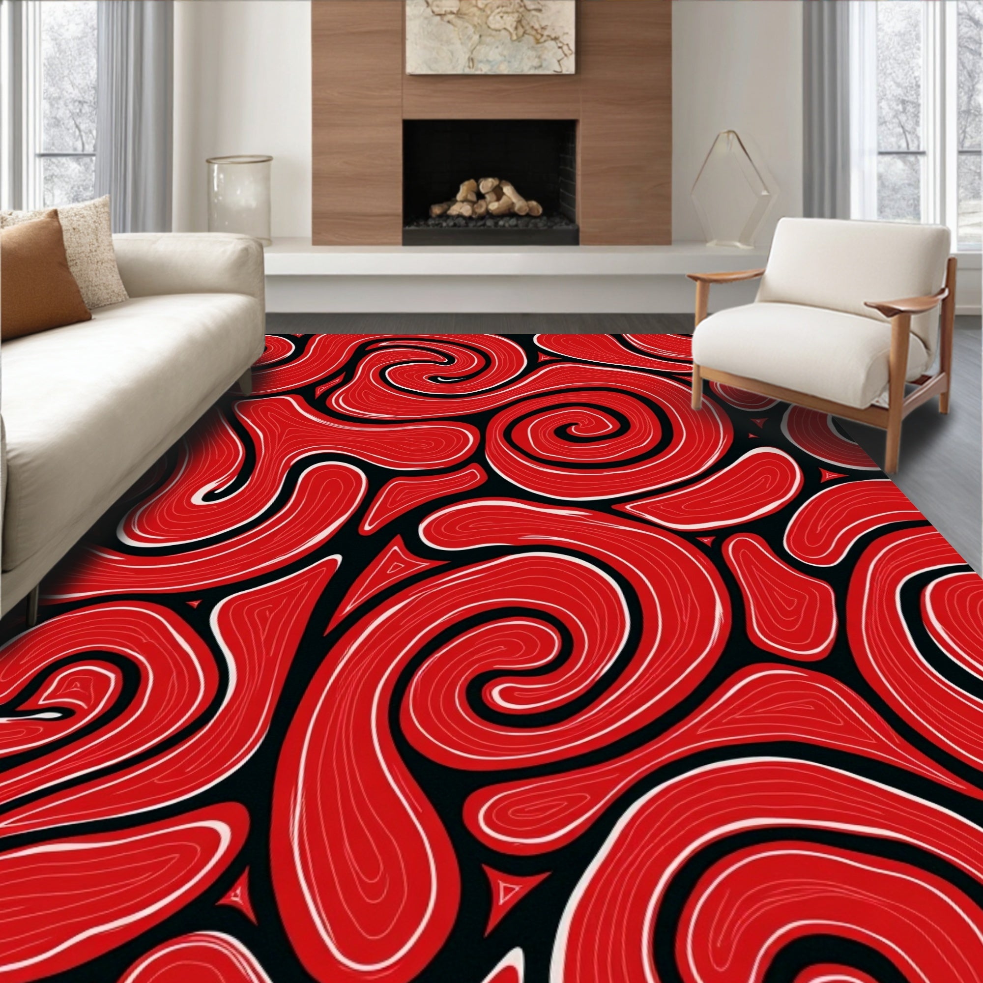 Bold Red Swirls Abstract Rug