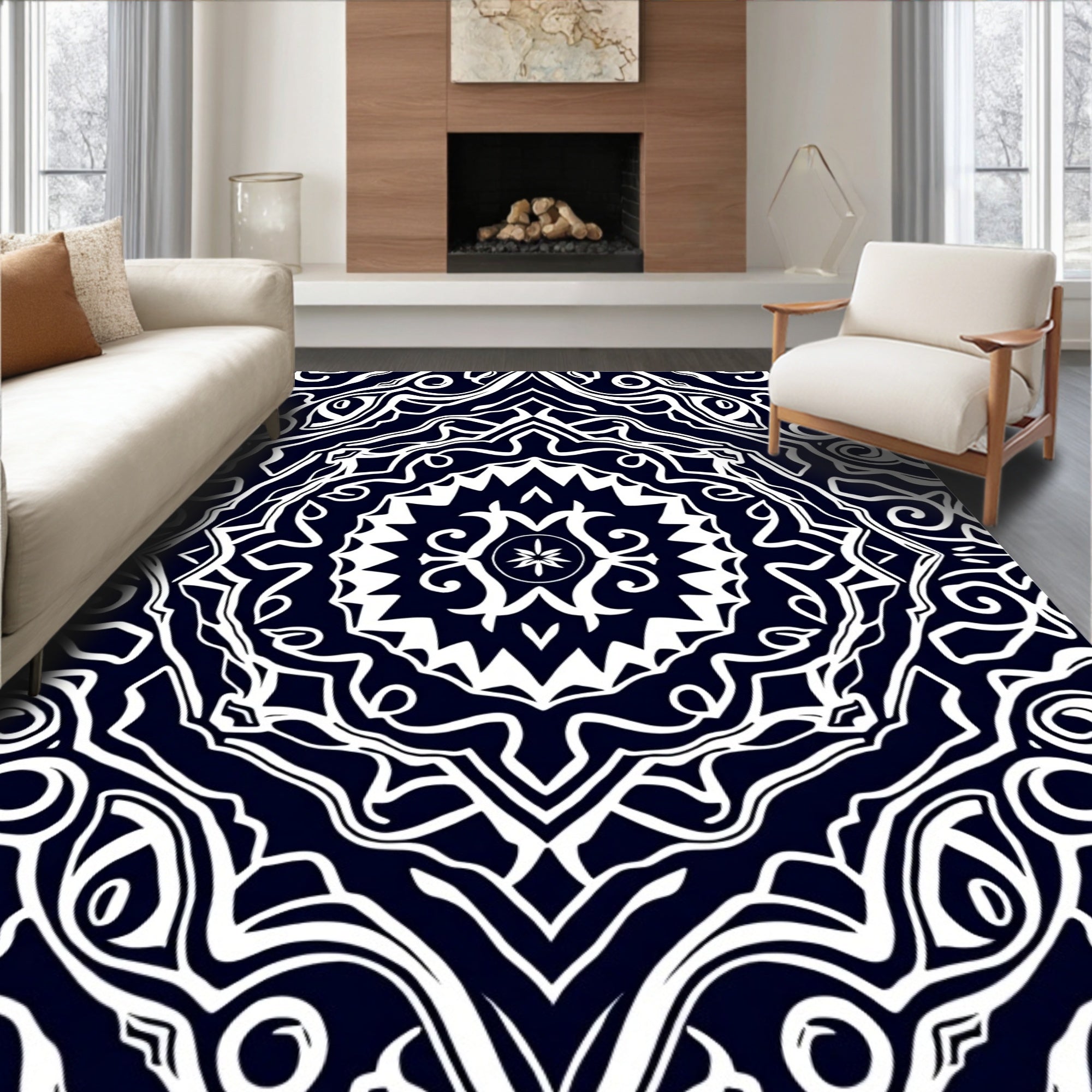Dark Blue White Mandala Flow Rug