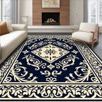 Navy Cream Ornate Scroll Medallion Rug