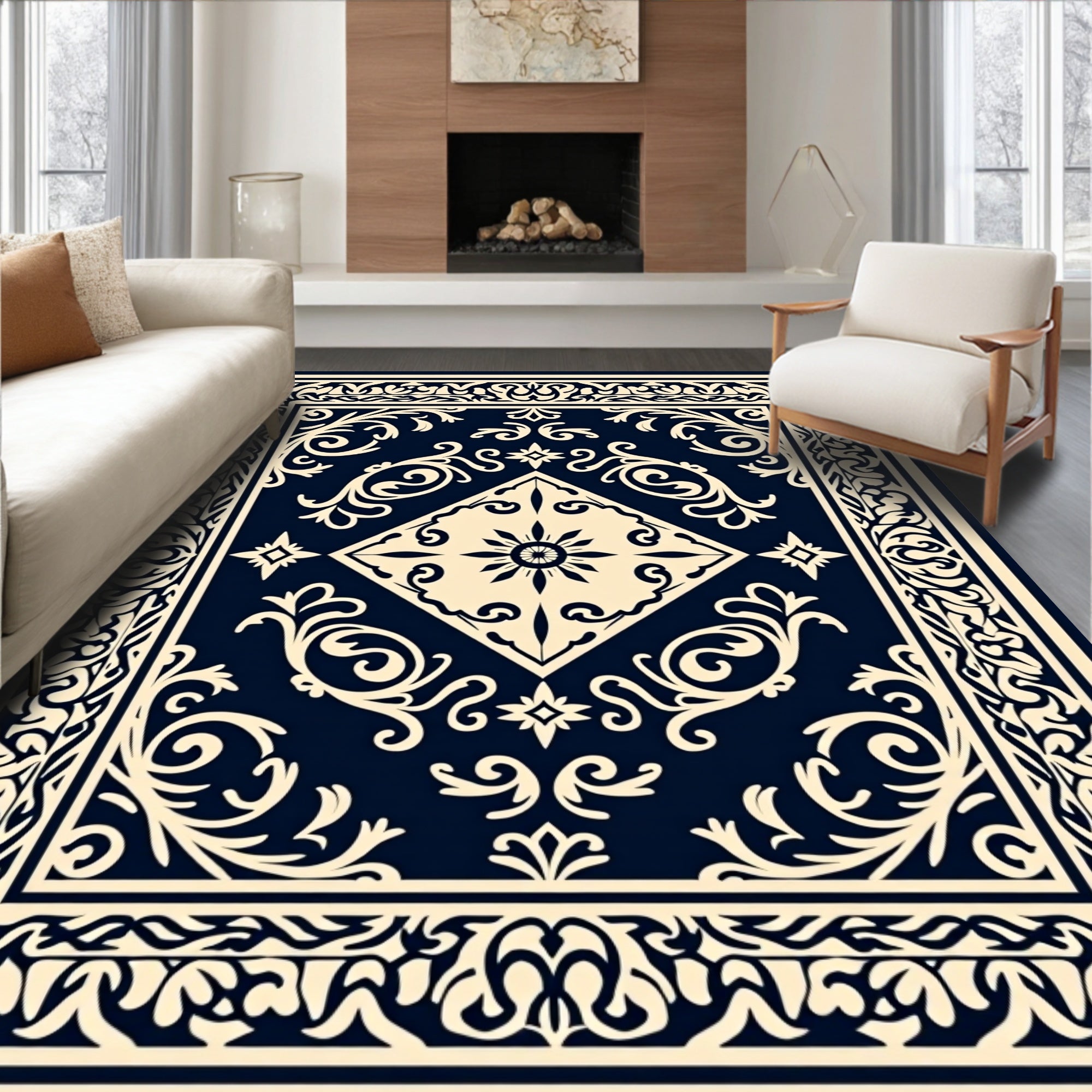 Navy Cream Ornate Scroll Medallion Rug