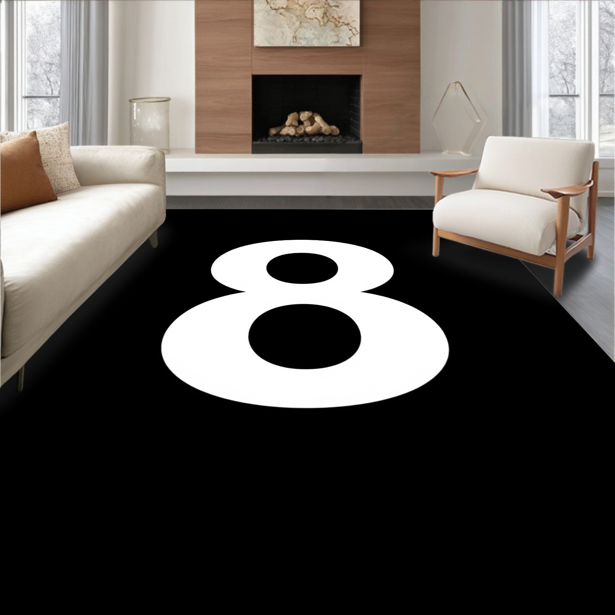 Bold White Number Eight Black Background Rug