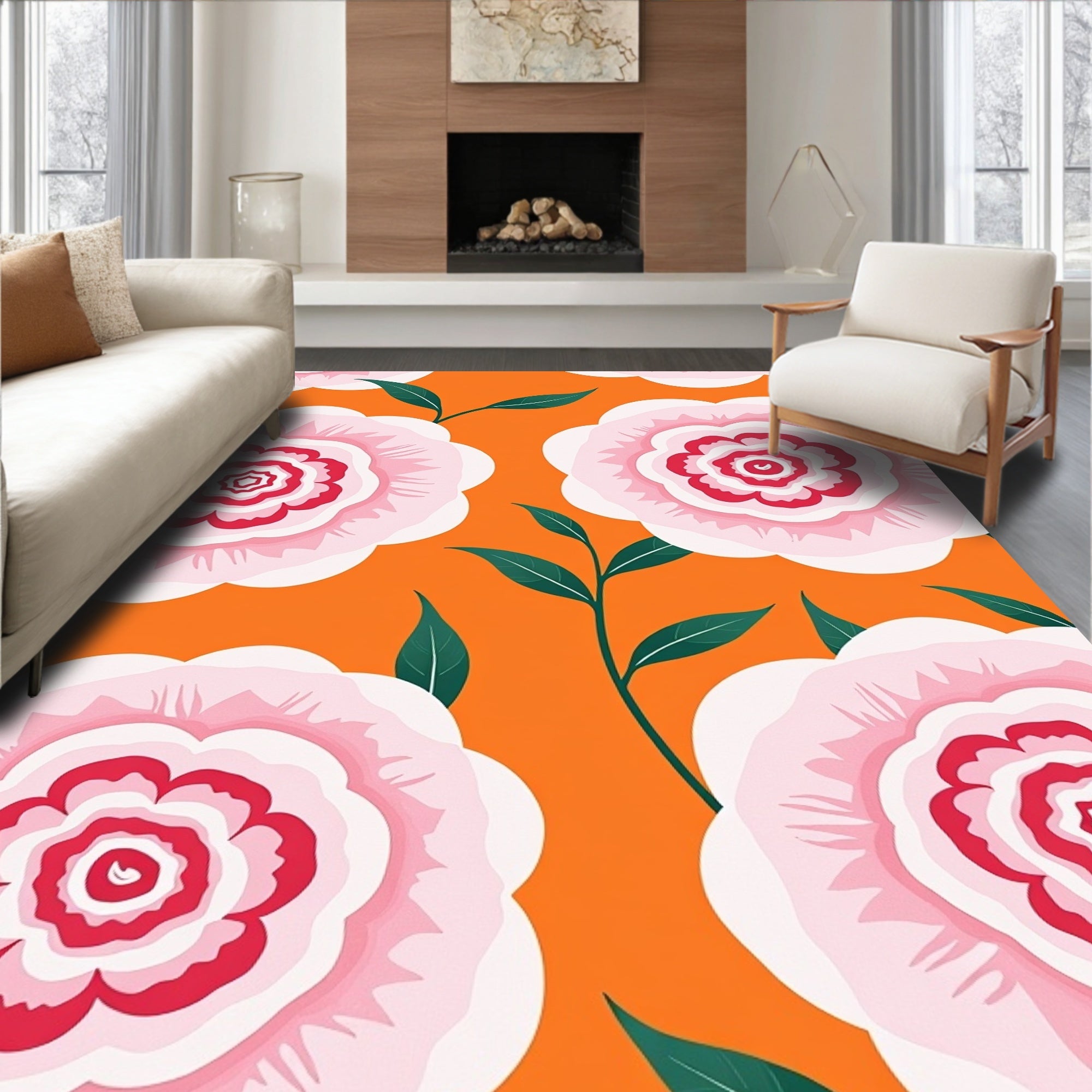 Vibrant Pink Blossom Orange Garden Rug