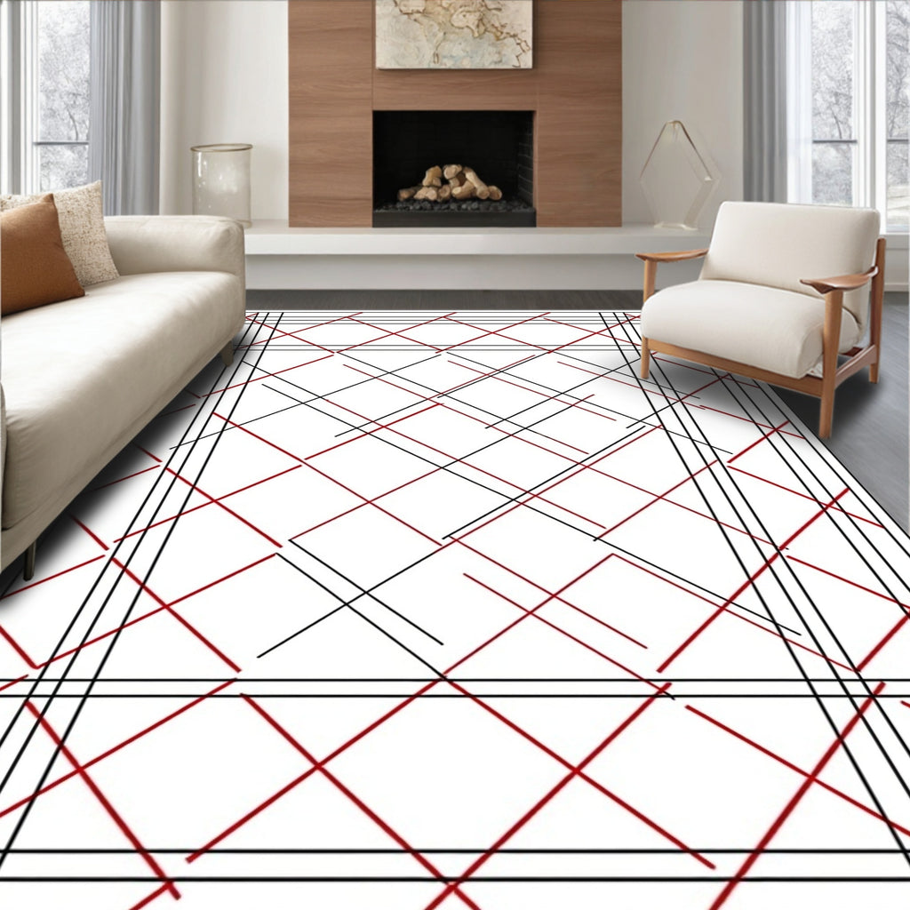 Bold Red Black Intersecting Lines Rug