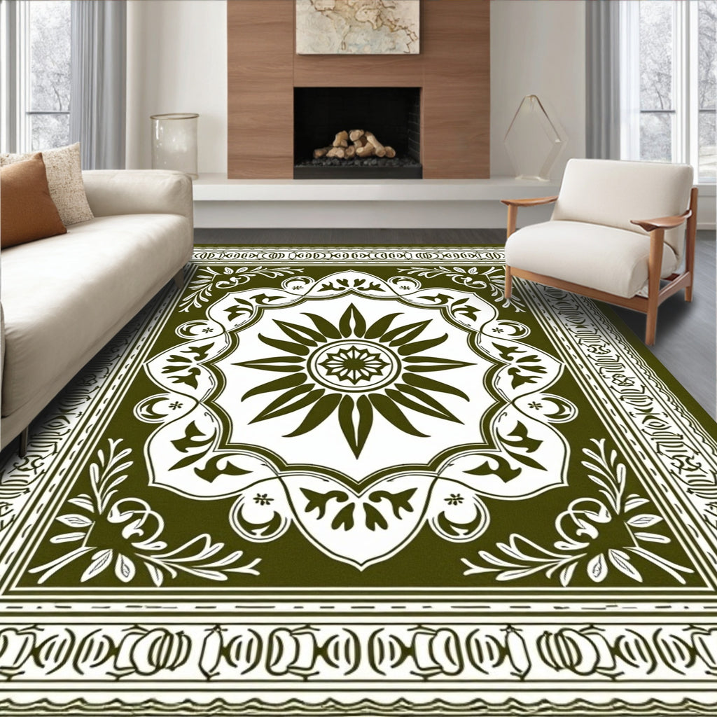 Olive Green Floral Sunburst Medallion Rug