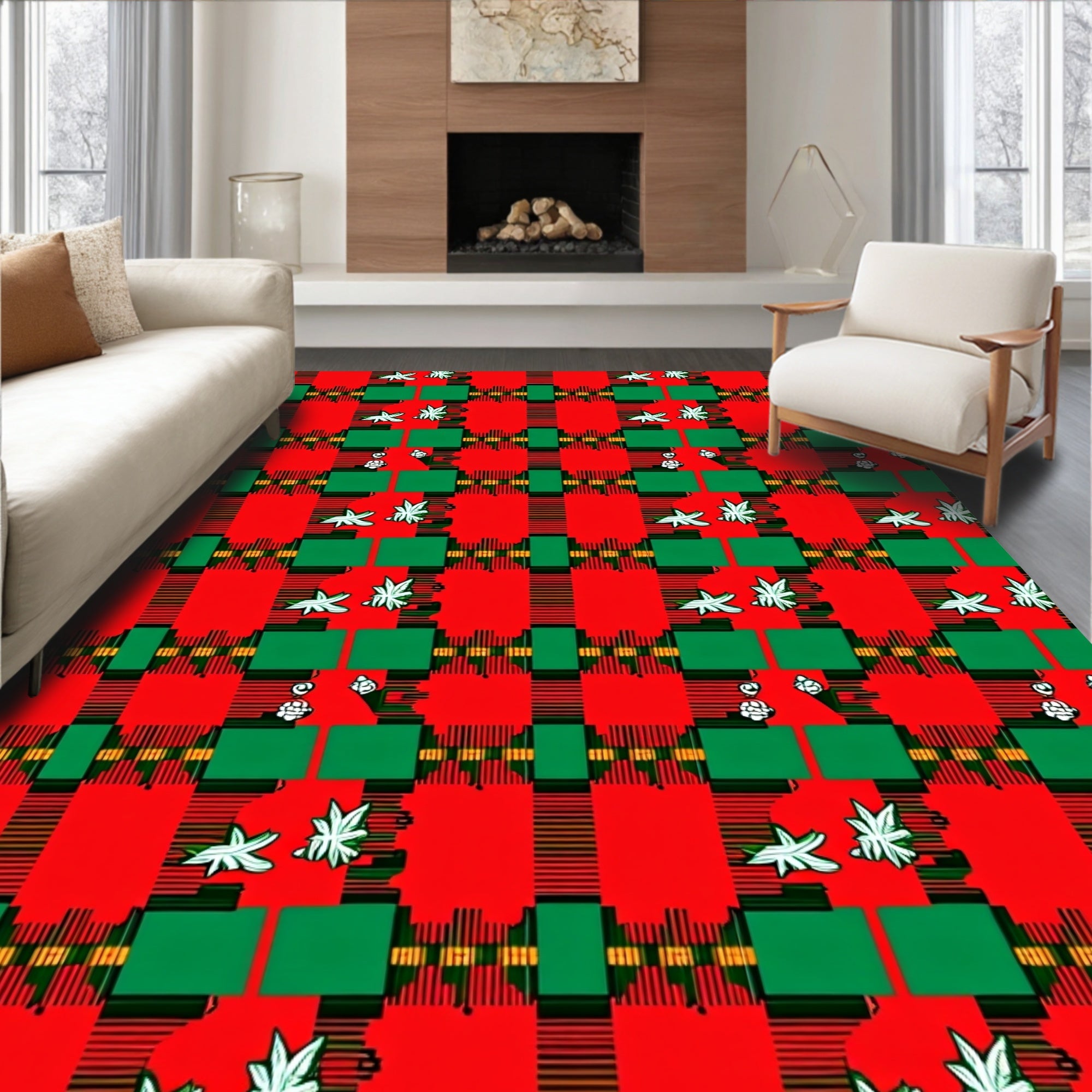Red Green Plaid Starburst Folk Rug