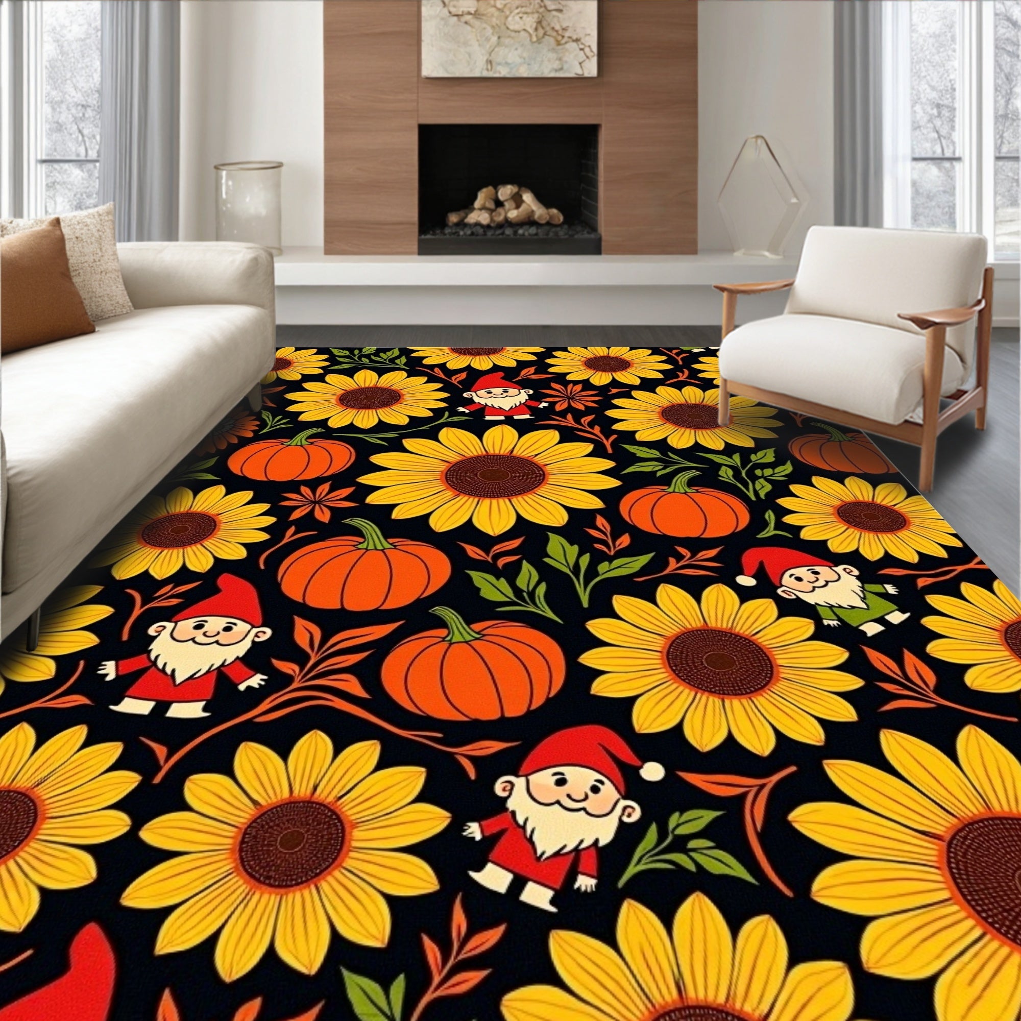 Whimsical Gnomes Sunflowers Pumpkins Autumn Rug