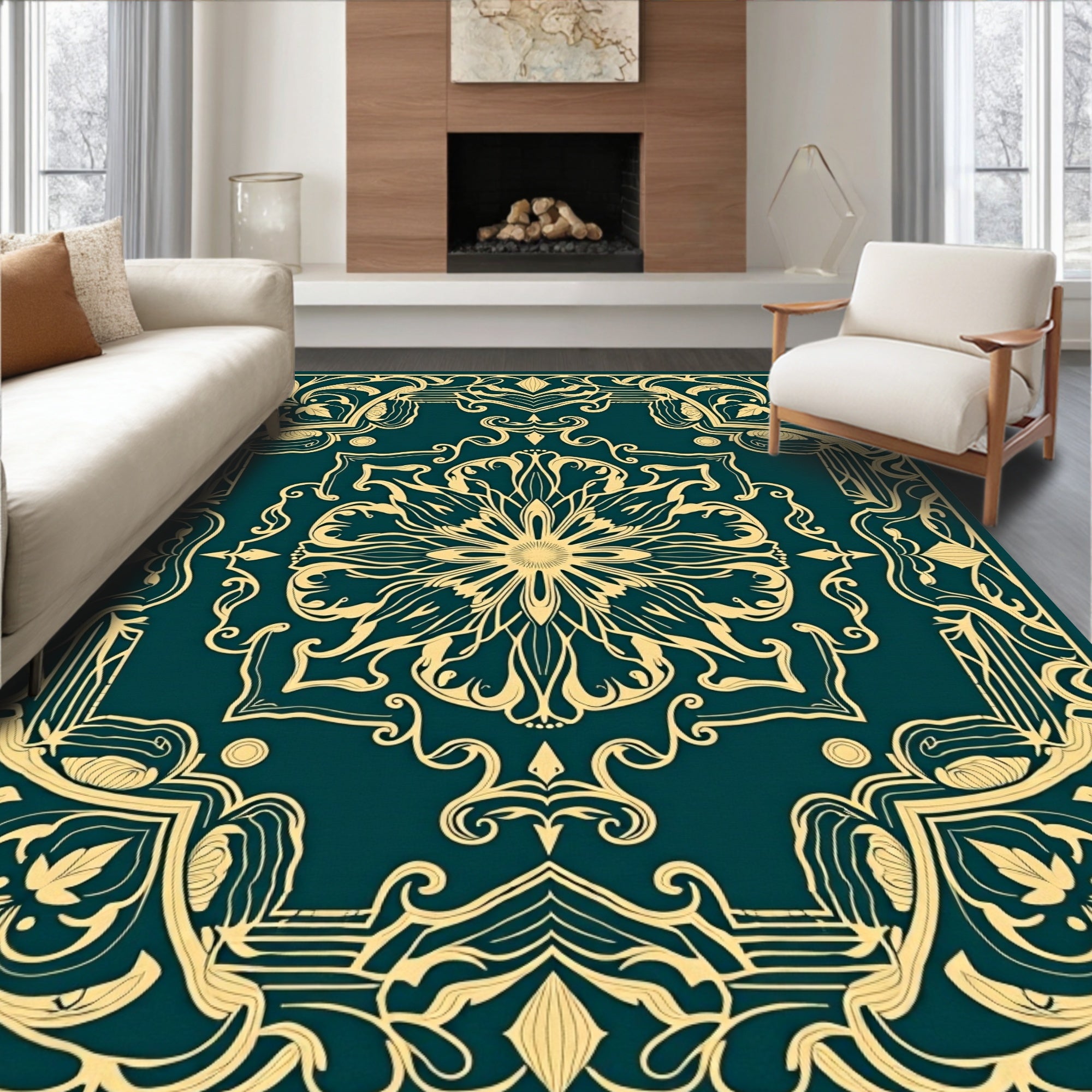 Emerald Green Golden Floral Medallion Rug