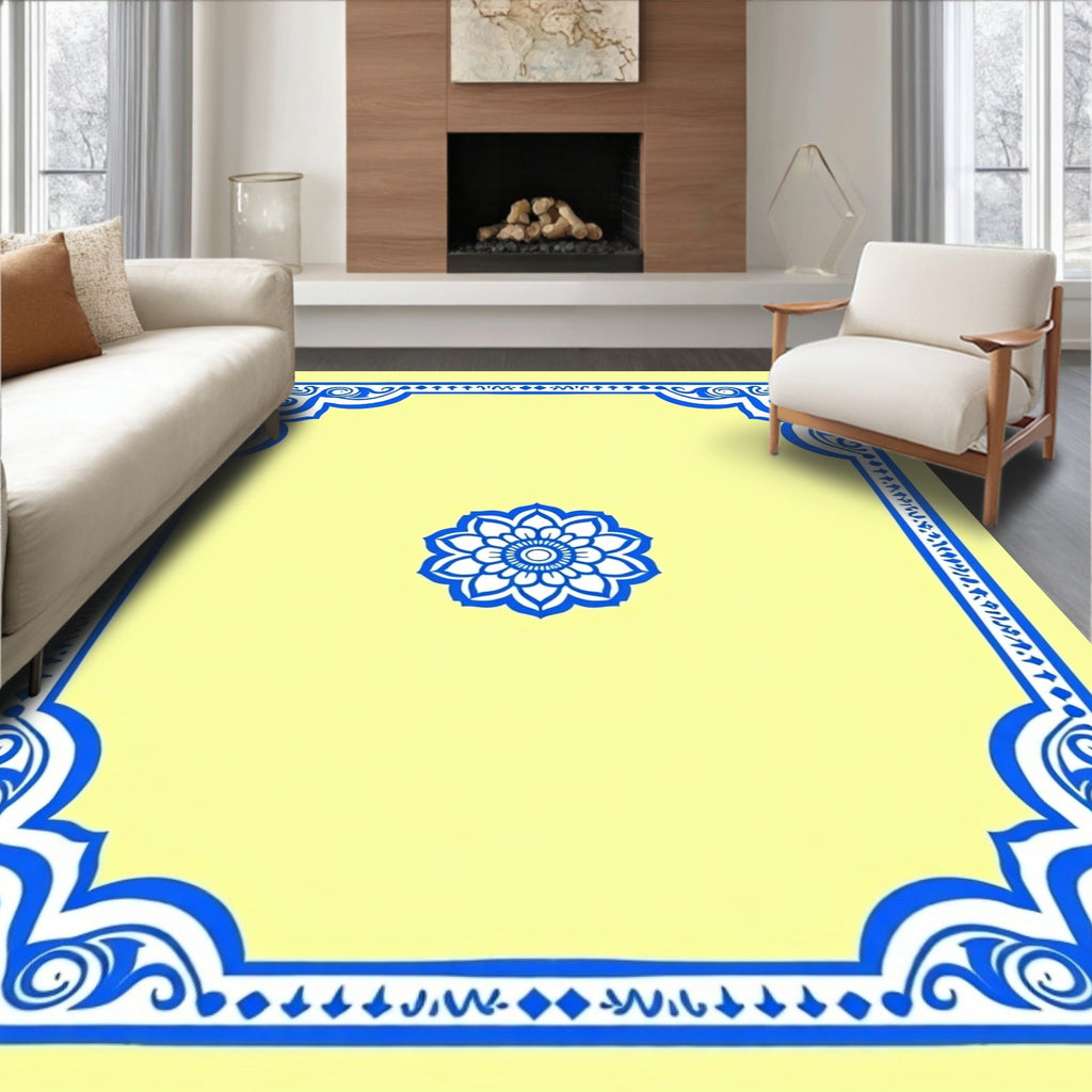 Light Yellow Blue Floral Medallion Border Rug