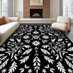 Black White Floral Botanical Arrangement Rug