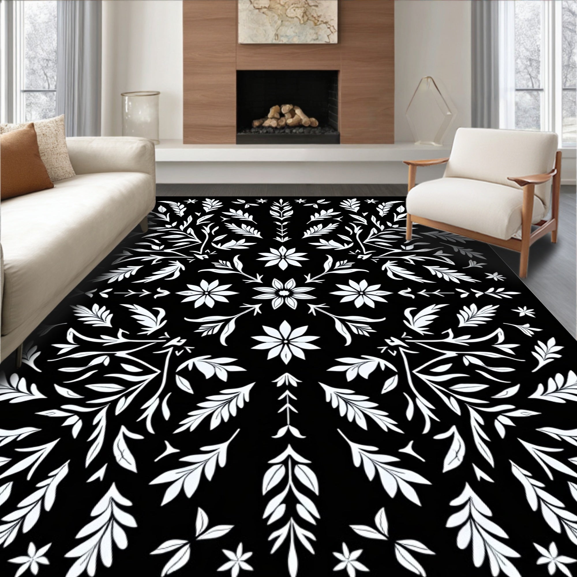 Black White Floral Botanical Arrangement Rug