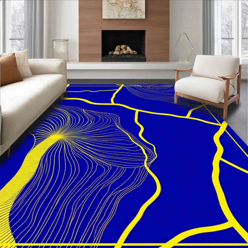 Cobalt Blue Yellow Kintsugi Lines Rug