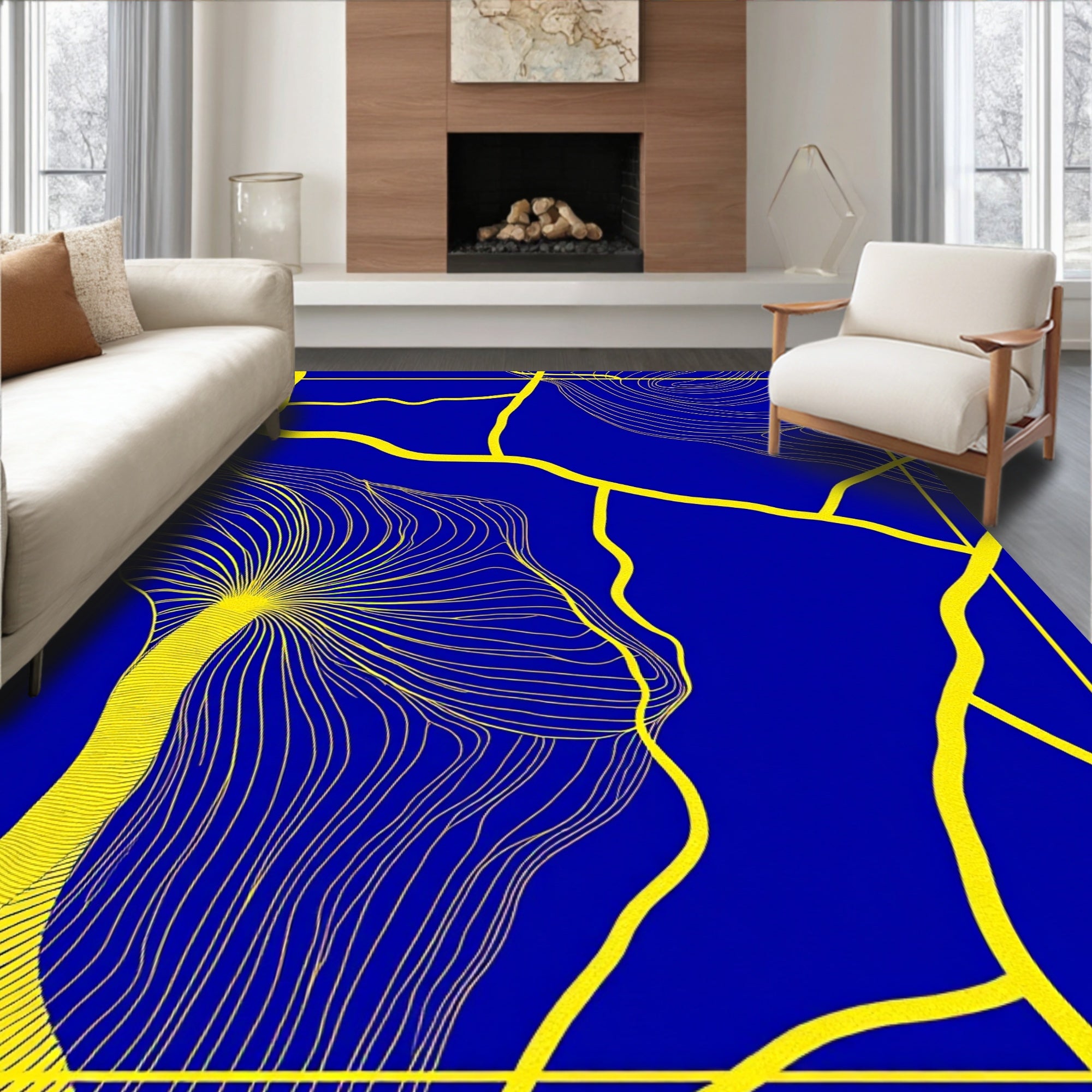 Cobalt Blue Yellow Kintsugi Lines Rug