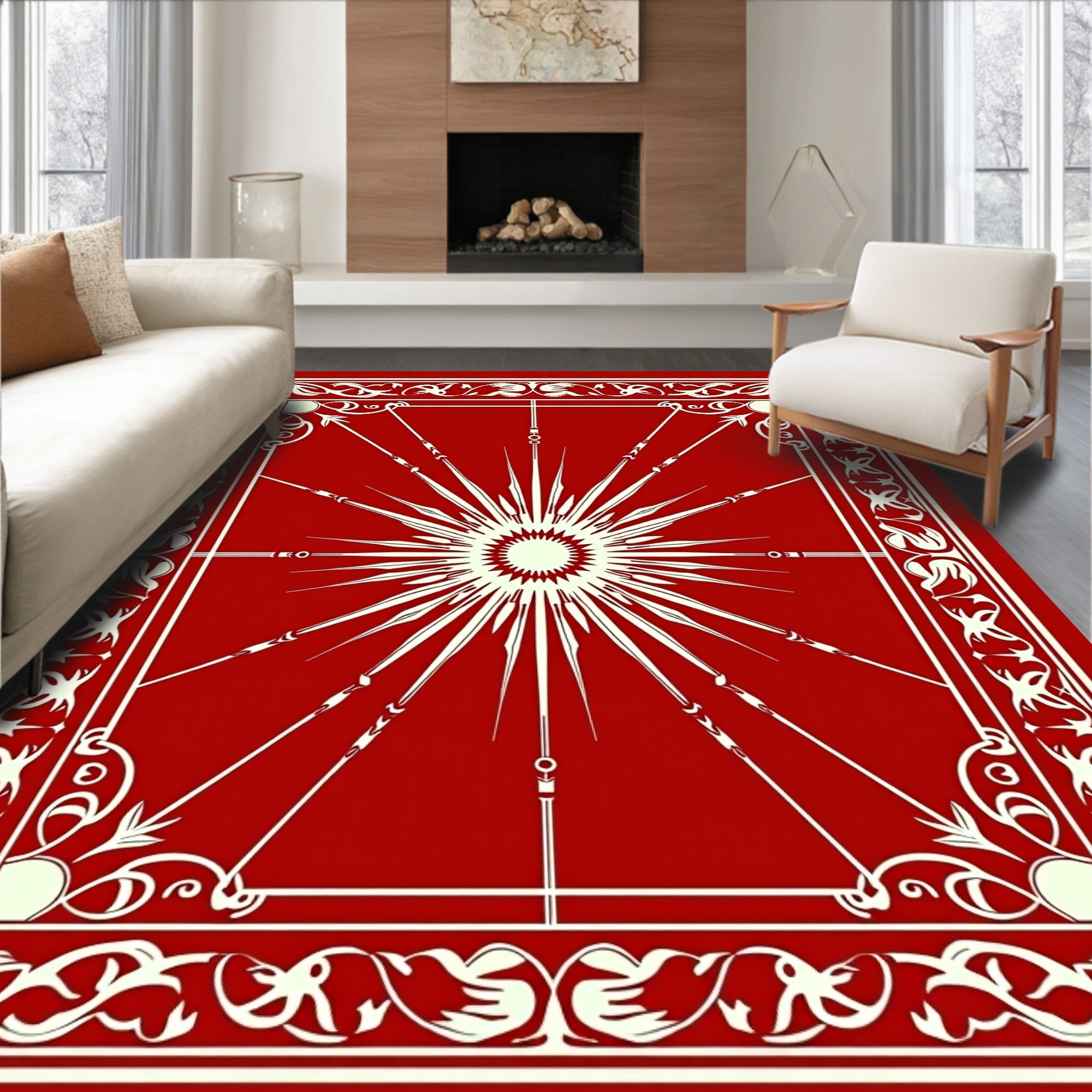 Crimson Radiant Sunburst Border Rug