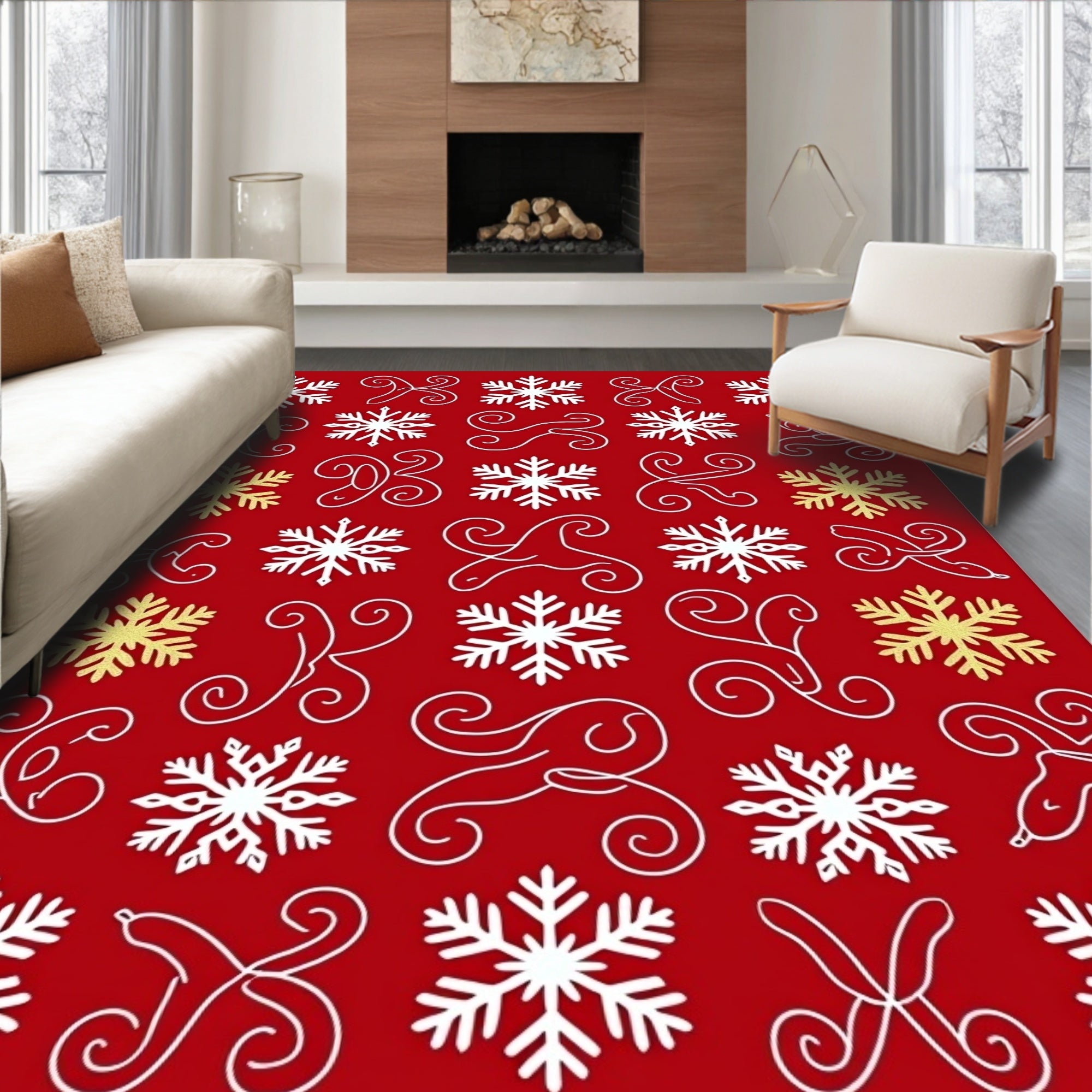 Festive Red Snowflake Swirl Repeat Rug