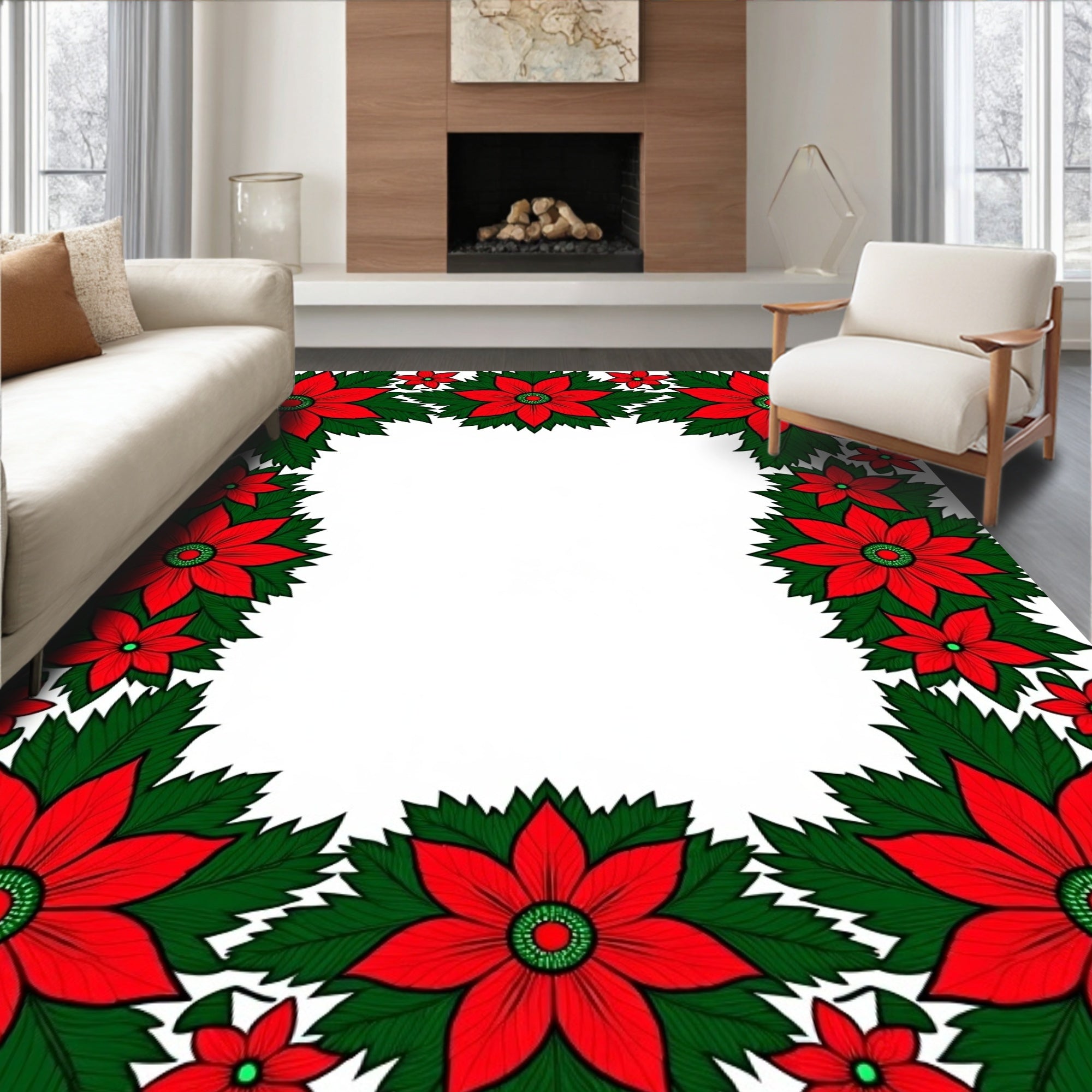 Vibrant Red Poinsettia Floral Border Rug