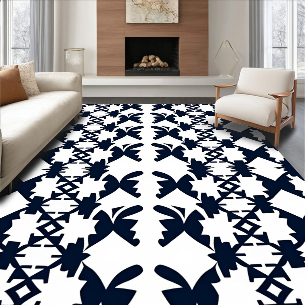 Alternating Navy Butterfly Geometric Band Rug