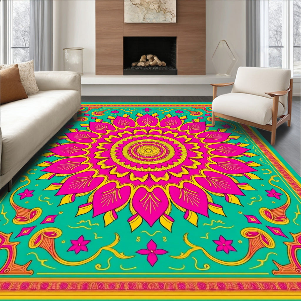 Vibrant Teal Pink Mandala Burst Rug
