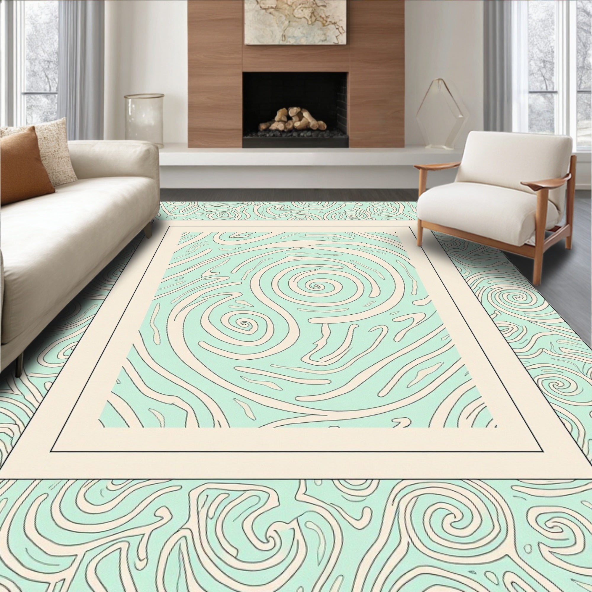 Aqua Cream Swirl Abstract Rug