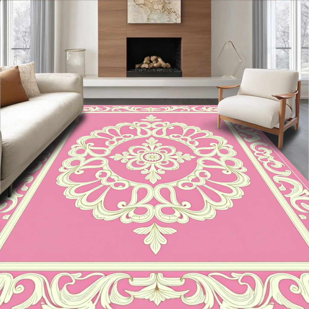 Baroque Floral Ivory Pink Medallion Rug