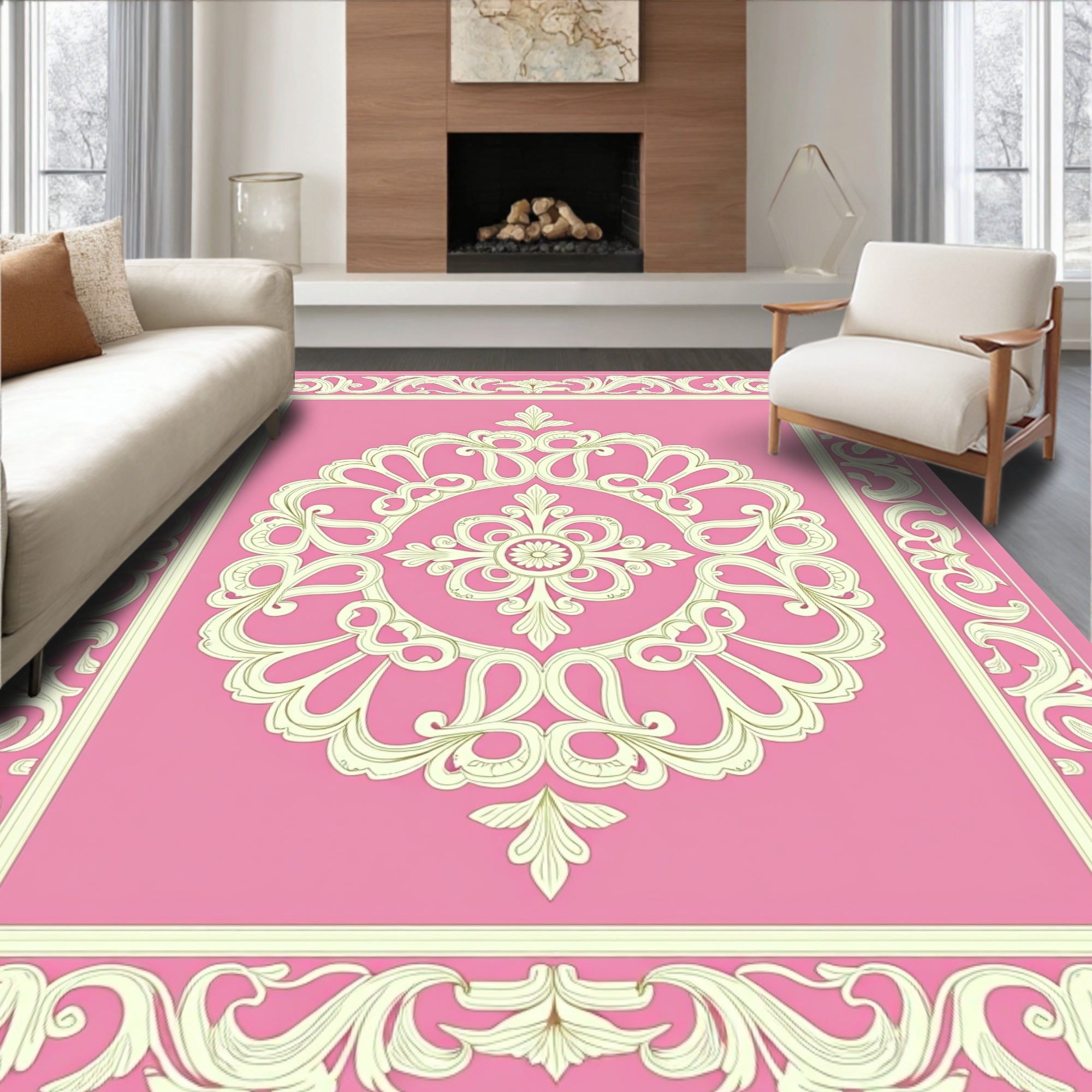 Baroque Floral Ivory Pink Medallion Rug