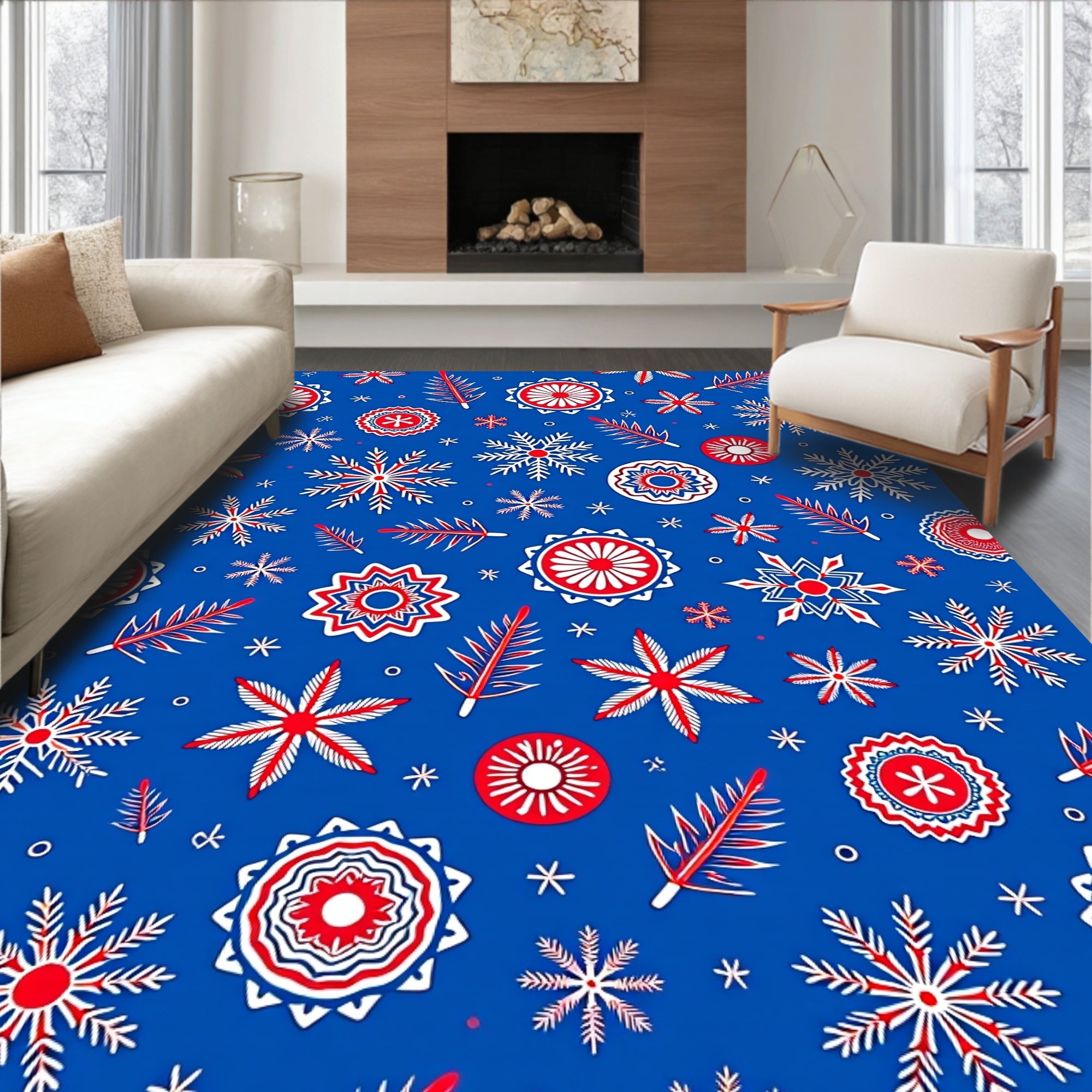 Bright Red White Snowflake Medallion Rug
