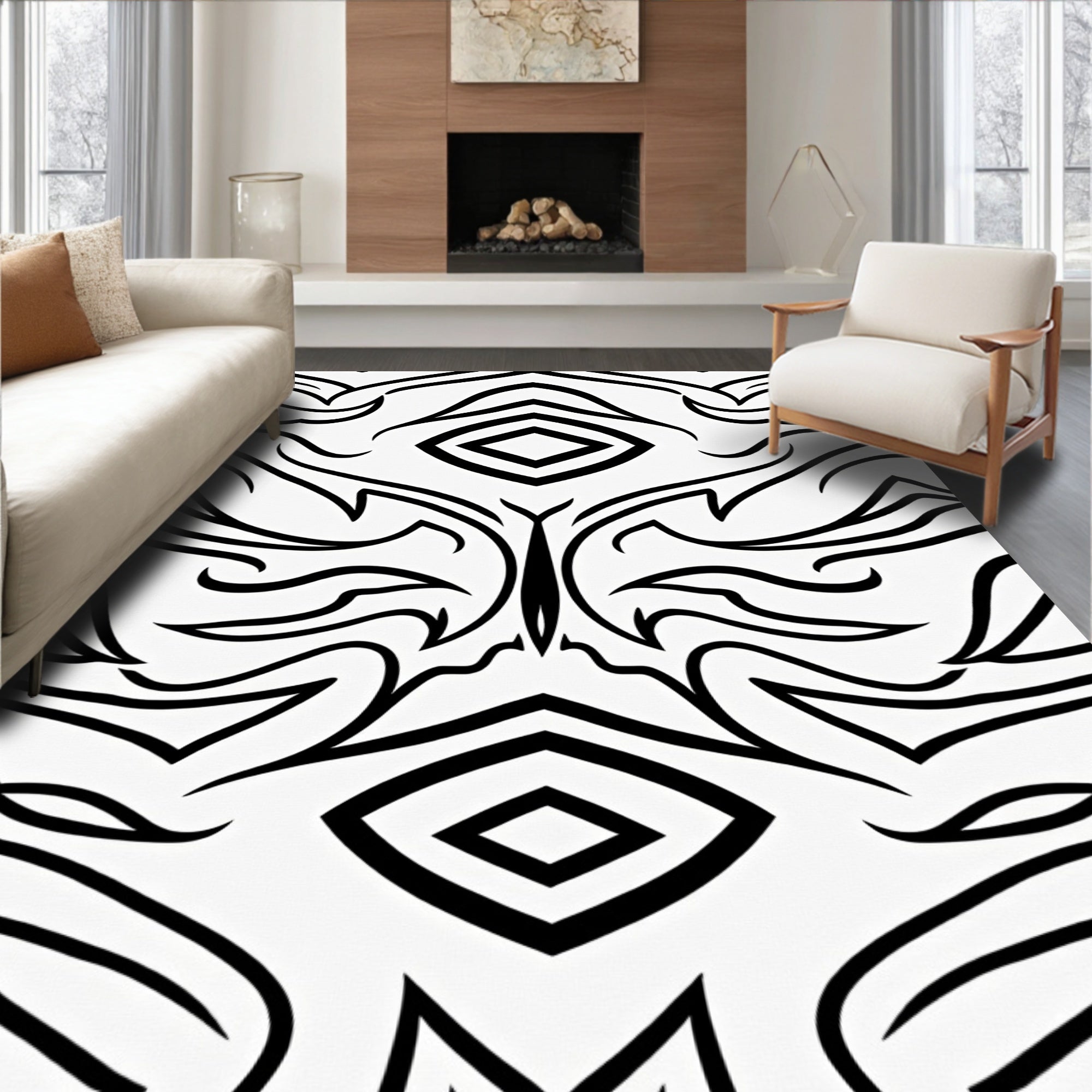 Bold Black Tribal Diamond Abstract Rug