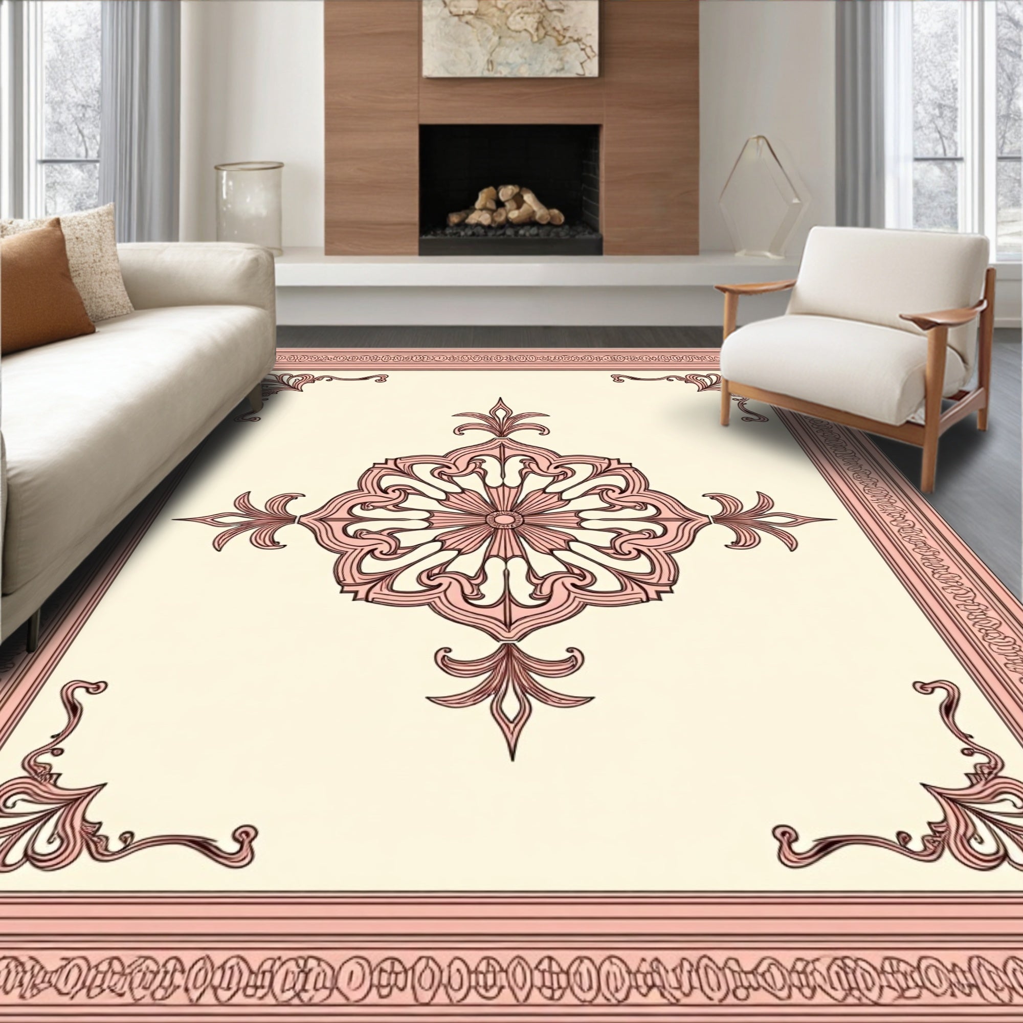 Ornate Pink Floral Medallion Border Rug