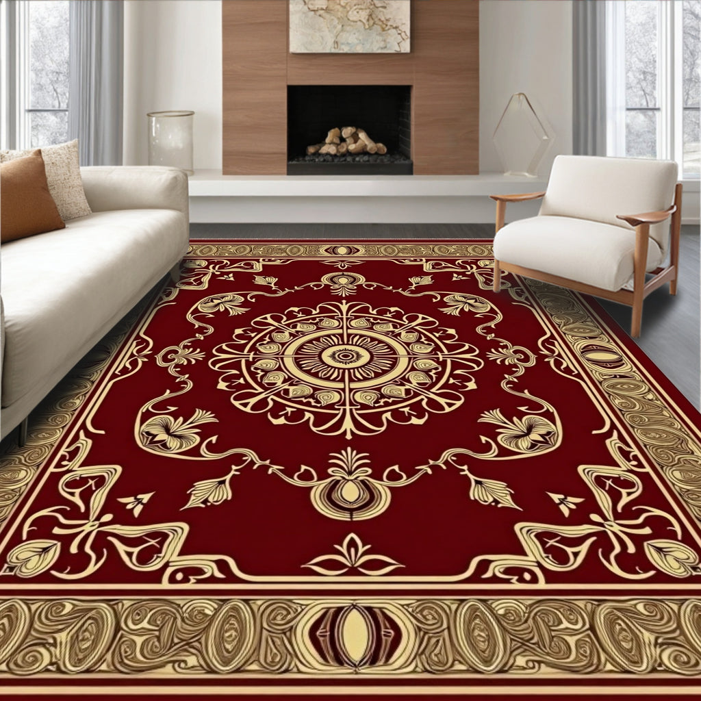 Regal Crimson Golden Floral Medallion Rug