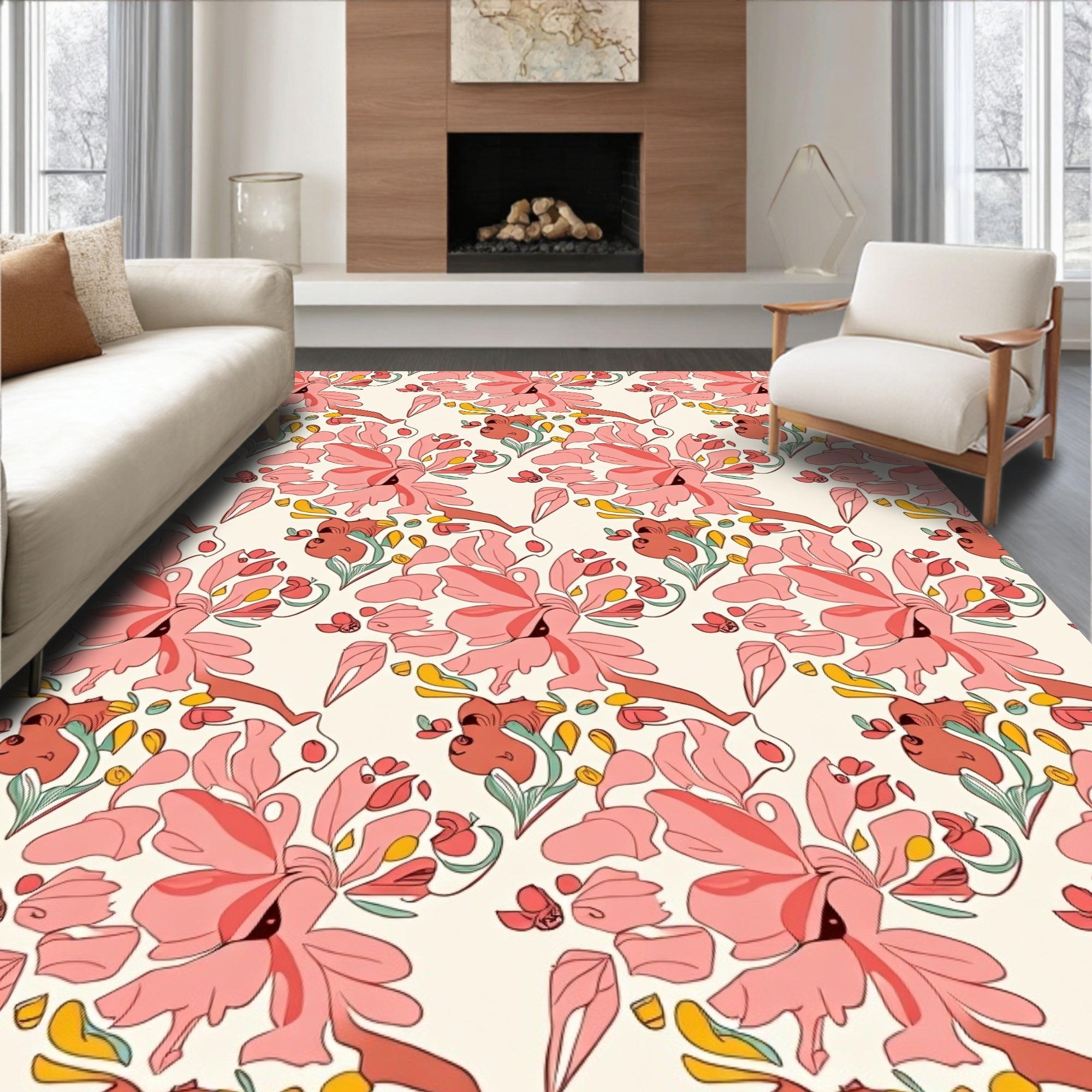 Coral Pink Floral Whimsical Composition Rug