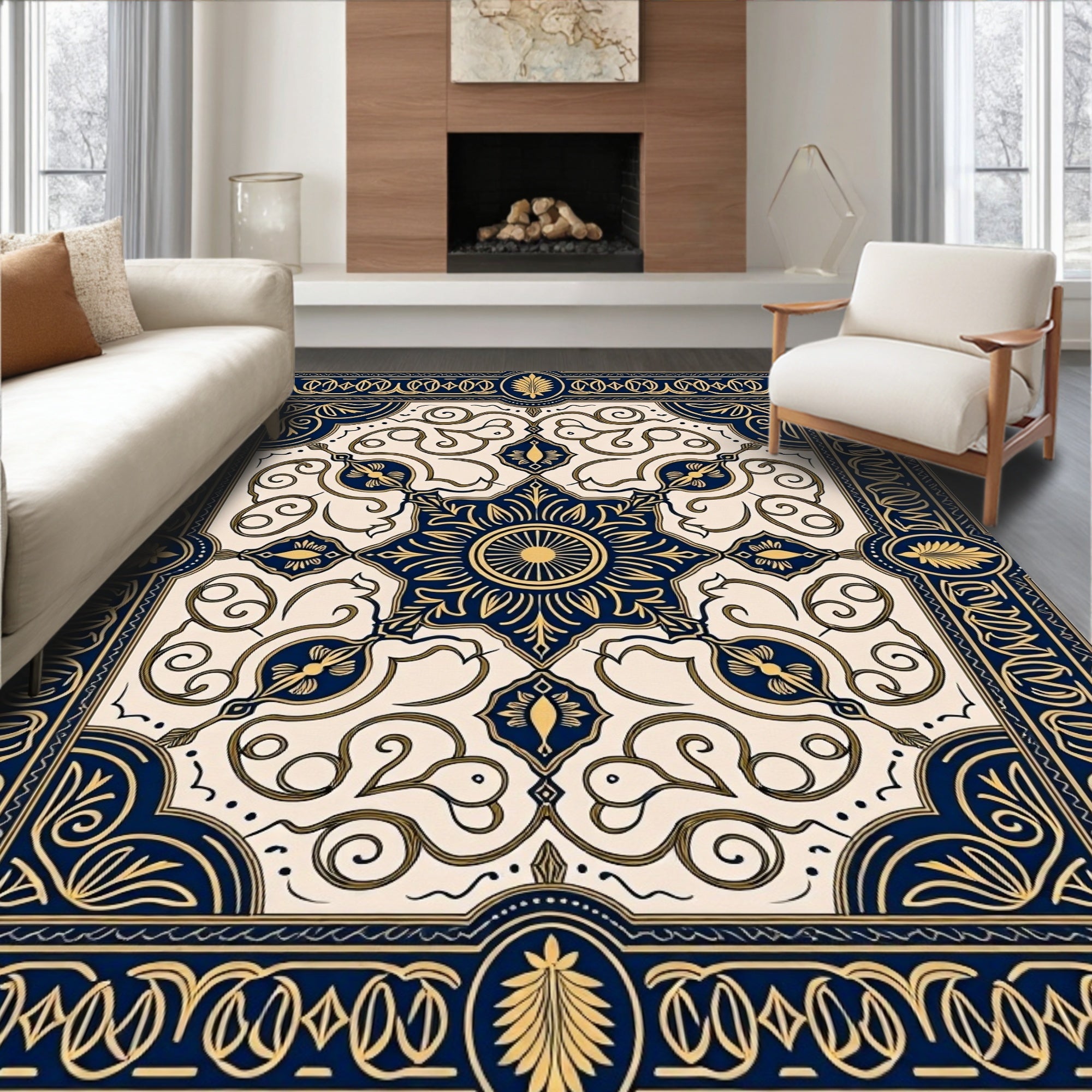 Navy Gold Ornate Floral Medallion Rug