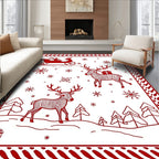 Red Festive Reindeer Sleigh Snowflakes Christmas Rug
