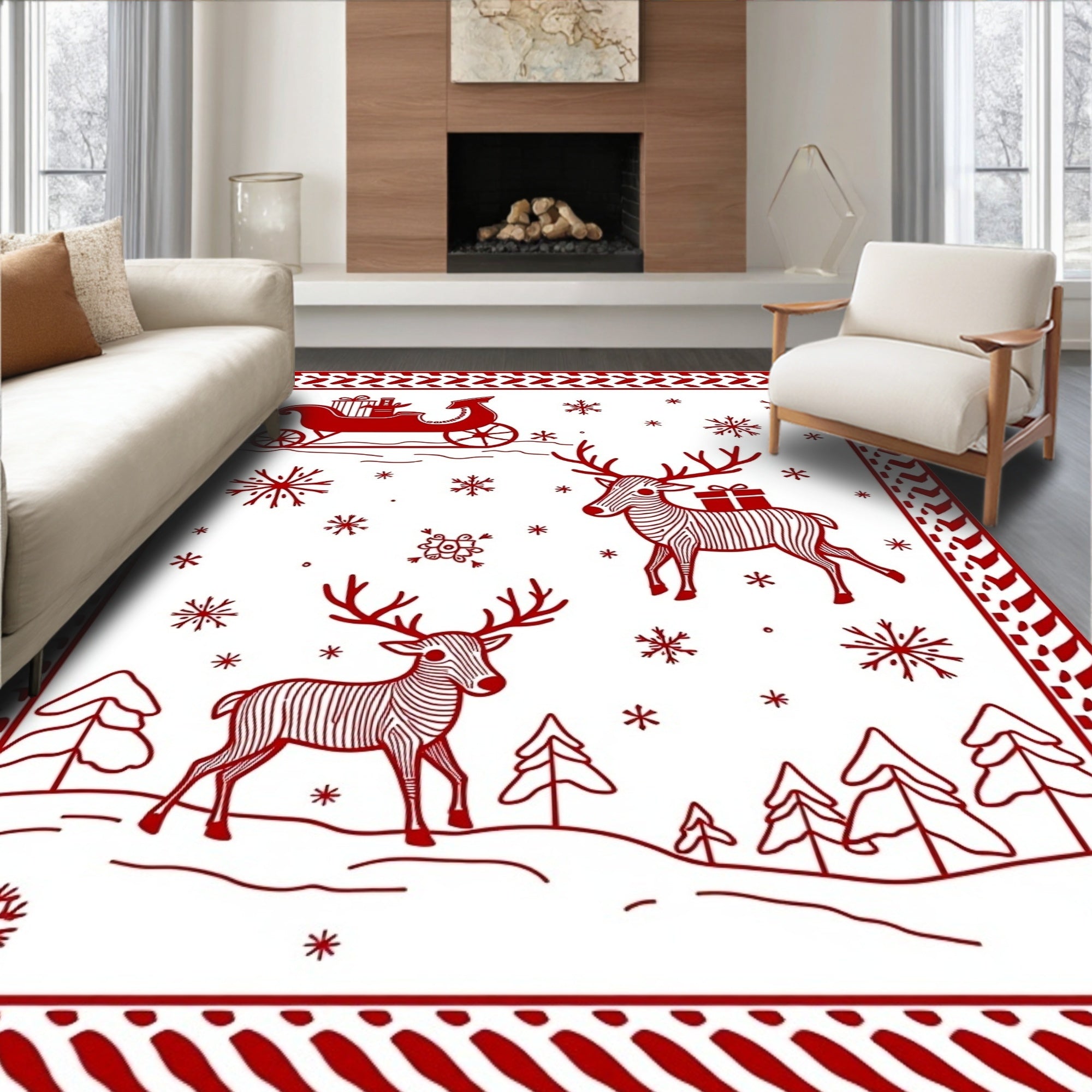 Red Festive Reindeer Sleigh Snowflakes Christmas Rug