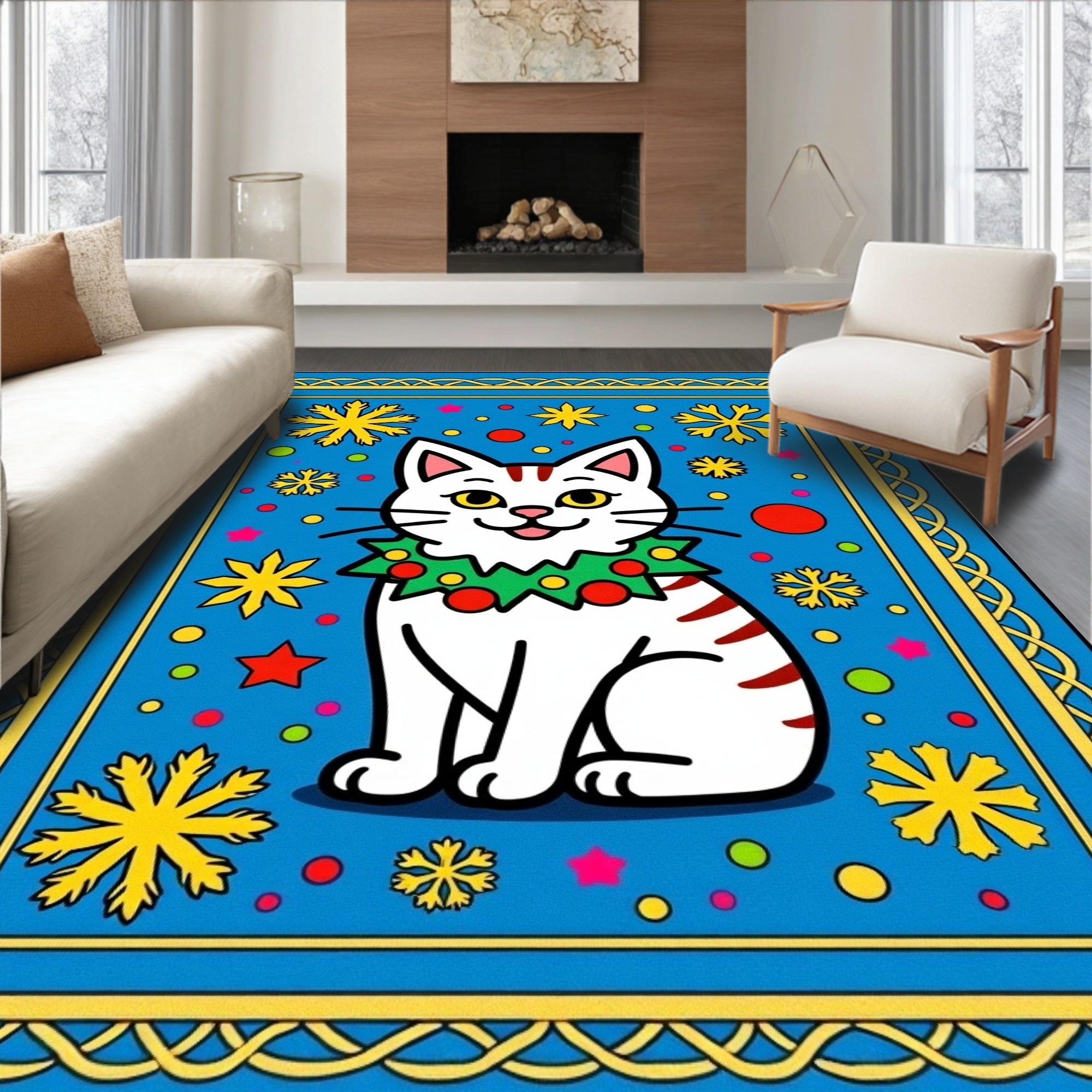 Whimsical White Cat Snowflake Blue Rug