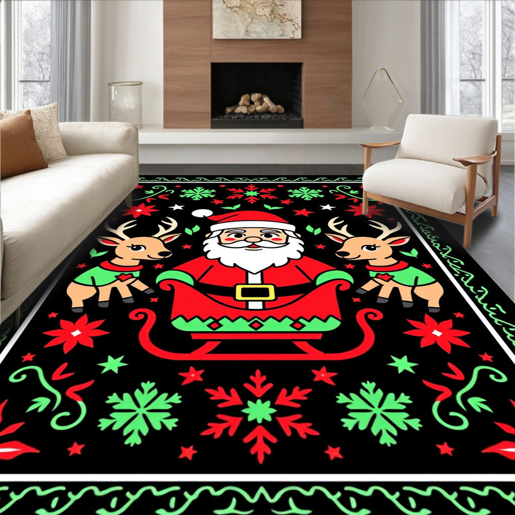 Whimsical Santa Sleigh Reindeer Holiday Rug