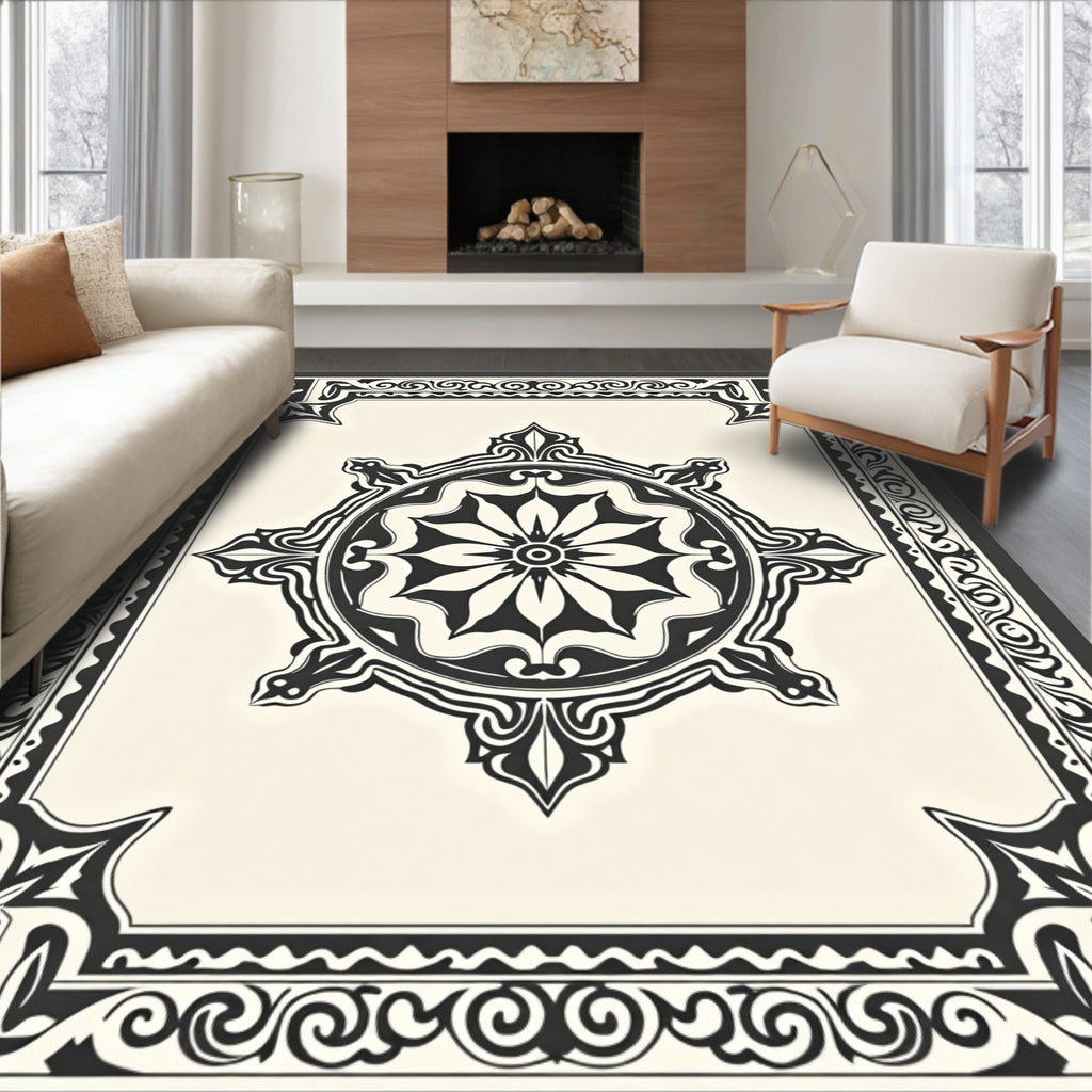 Ornate Black Cream Medallion Border Rug