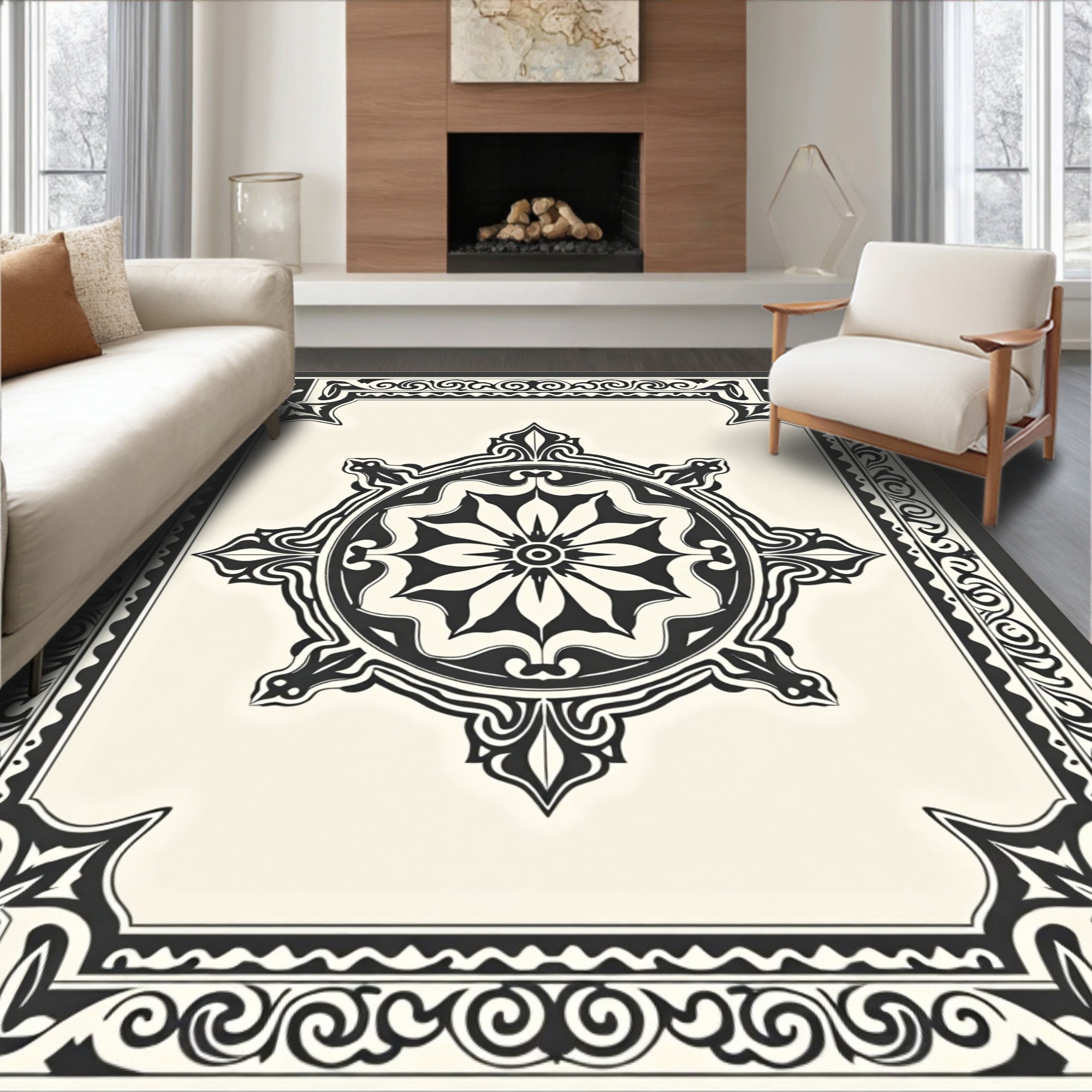 Ornate Black Cream Medallion Border Rug